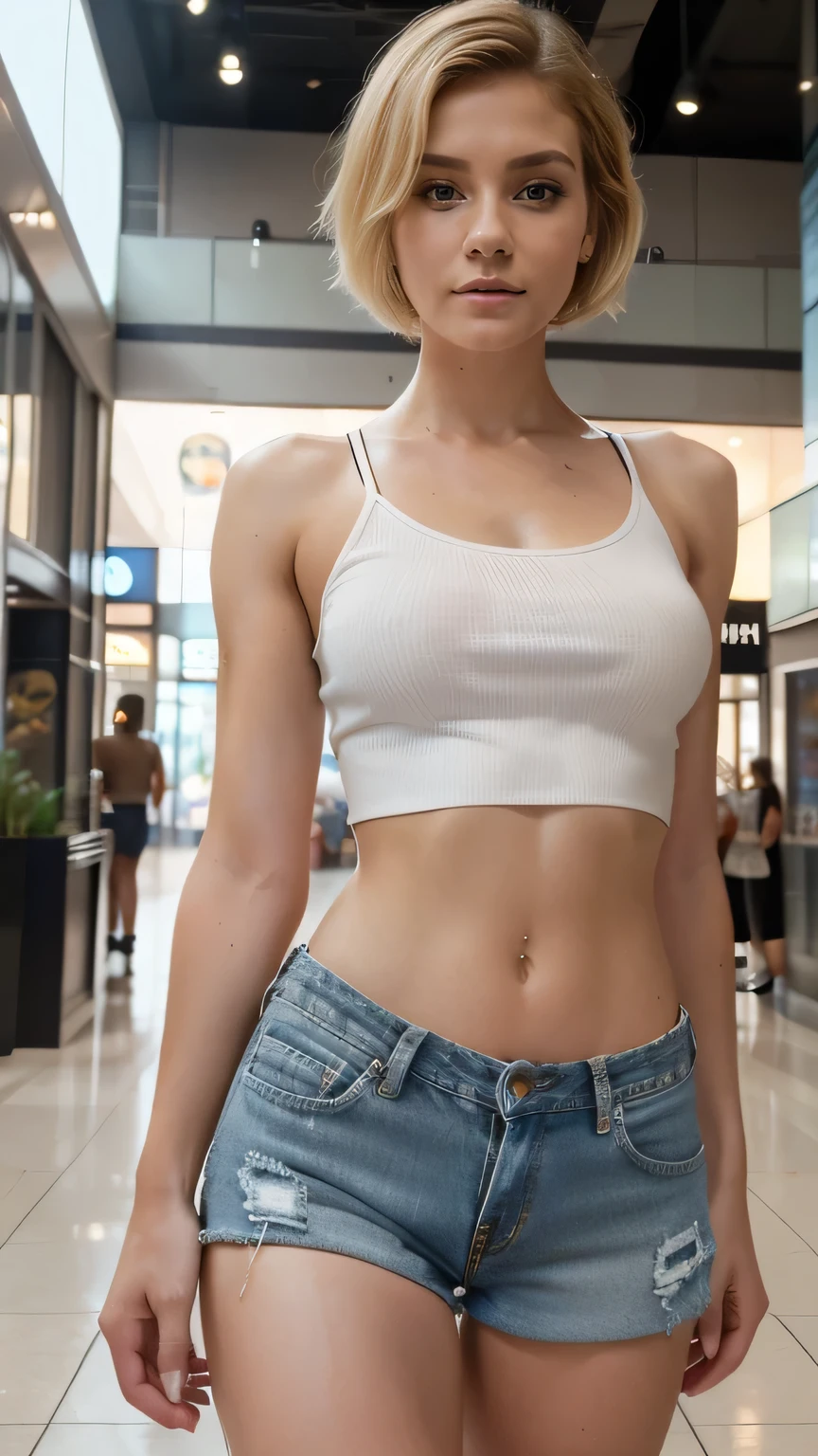 ultra realistic, ultra high definition, curvy and sexy body shape , ultra life-like surrounding, looking at viewer, 22 years old, string tank top, ripped jeans mini skirt,blonde hair, 1.5 meters away,hdr,Extremely high image quality,Cinematic footage. natural body position, natural body anatomy. leaning on stores at milan italy. white skin. slim body