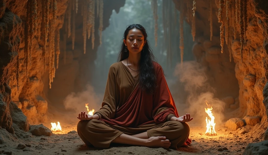 (photorealism:1.2), Medium shot. A Javanese warrior, a middle-aged woman with a wise face, wearing a simple brown robe with a red shawl on her shoulders. sitting cross-legged in a cave, her eyes closed. meditating, her long hair loose, her robe waving in the wind from the cave gap. An old cave with hanging stalactites, flickering torchlight illuminating the walls filled with ancient carvings. Dim light with warm color tones, the effect of thin smoke adds to the mystical impression.
