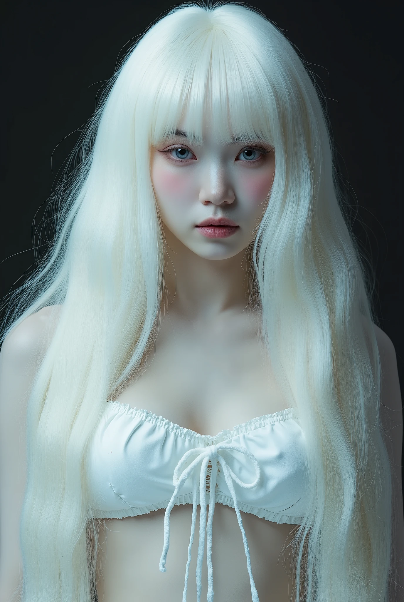 white skin and reflective eyes, natalie shau, portrait of albino mystic, with long white hair, albino white pale skin, with white long hair, inspired by Ignacy Witkiewicz, natalie shau tom bagshaw, inspired by Ray Caesar, white witch, monia merlo, pale goth beauty, pale white face, Bust Size 36DD inches, Waist Size 24 inches, High Hip Size 36 inches, Hip Size 36 inches, wearing micro bikini