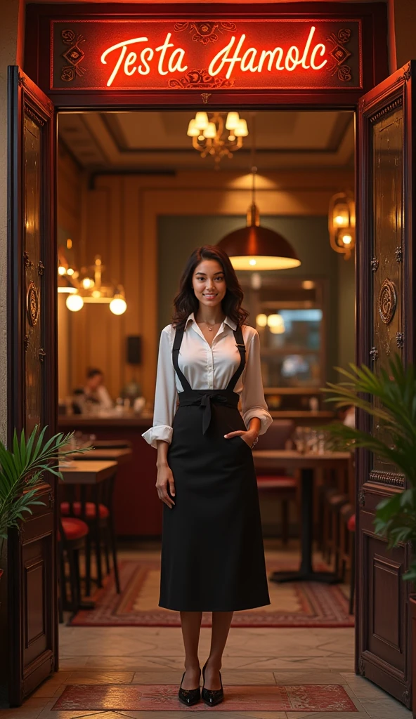 ((best quality)), ((masterpiece)), (detailed), 1 girl, (((prime red very loose fitting shirt with long sleeves, button-up front, very conservative))). Very saggy flat breasts, no bra, black loose fitting pants, standing behind restaurant counter, big smile open mouth, slim thin figure, long dark hair, latin girl 20's, the appearance of hard nipples showing from under fabric of shirt, slim hips, slim thighs, flat breasts, sfw, 1 person in image, skinny body, red loose shirt,