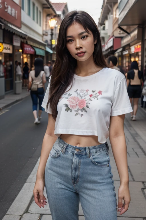 A beautiful woman, photorealistic, high resolution, soft lighting, dynamic pose, waist up, glowing skin, jewelry, tattoo, street clothes, t-shirt, skirt, (best quality,4k,8k,highres,masterpiece:1.2),ultra-detailed,(realistic,photorealistic,photo-realistic:1.37),digital art, hyper detailed, dramatic lighting, cinematic, sharp focus, professional photography, vibrant colors