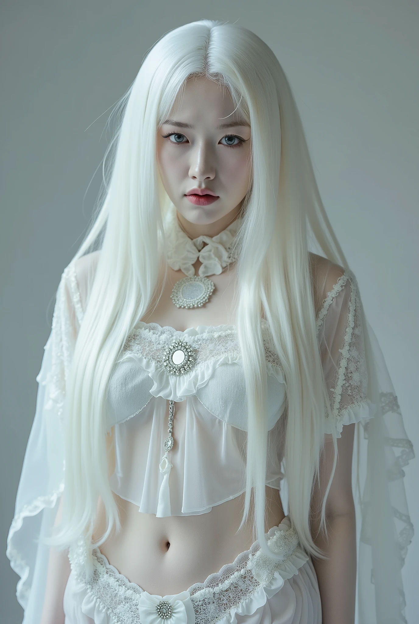 white skin and reflective eyes, natalie shau, portrait of albino mystic, with long white hair, albino white pale skin, with white long hair, inspired by Ignacy Witkiewicz, natalie shau tom bagshaw, inspired by Ray Caesar, white witch, monia merlo, pale goth beauty, pale white face, Bust Size 36DD inches, Waist Size 24 inches, High Hip Size 36 inches, Hip Size 36 inches, wearing micro bikini