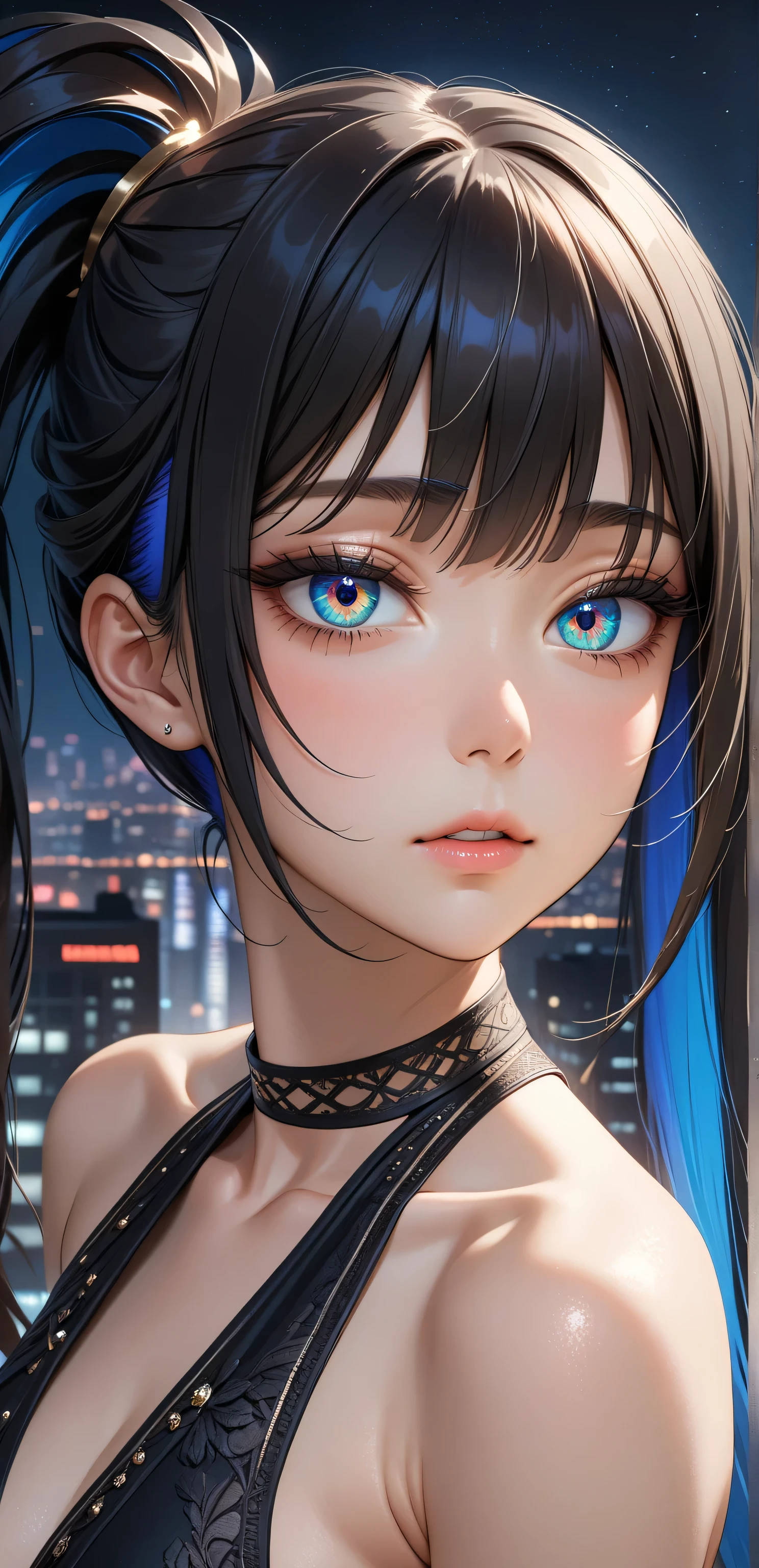 Close up, upper body, Random Sexy pose , ((Ultra detailing)), ((very aesthetic, best quality, ultra detailed)), intricate details, 1girl, ((long hair, Black hair, Side ponytail, blue inner hair)), ((Multi colour eyes)), ((Detailed eyes)), ((Beautifull eyes)), ((prefect eyes)), ((Ultra detailing eyes)) ,Medium breast, sharp jawline, long hair,((black Halter)), night city scape