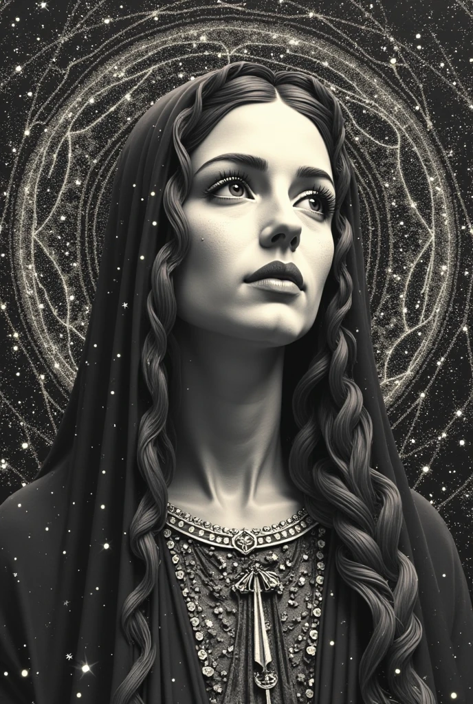 Amidst monochrome mosaics, a raven-haired muse emerges, draped in the vibrant tapestry of life.