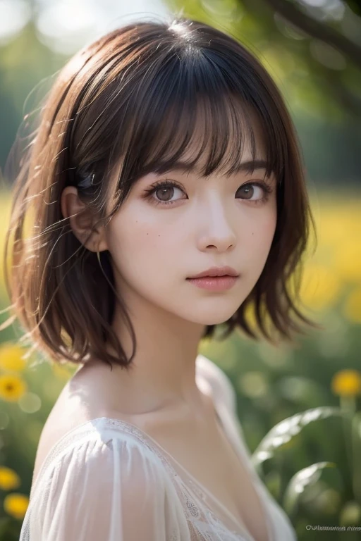 top quality, realistic, perfect human body structure, very detailed, very delicate and beautiful, Raw photo, Wildflowers and enchanting meadows, professional lighting, luminescent, Depth of bounds written, single focal length, ((whole body)), smile, brown hair, small head, big breasts, baby face, beautiful eyes, real face, realistic skin, fine eyes, (fashionable hairstyle: 1.3), Gravure idol pose, absurd、信じられないほどabsurd解決、very fine,