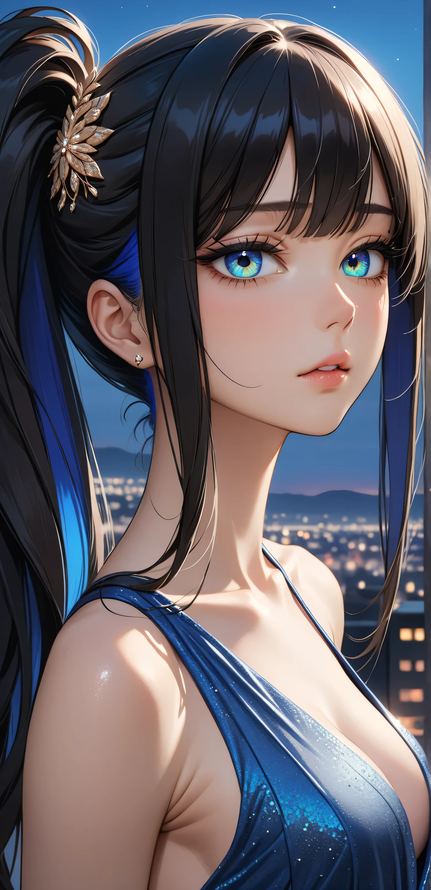 Close up, upper body, Random Sexy pose , ((Ultra detailing)), ((very aesthetic, best quality, ultra detailed)), intricate details, 1girl, ((long hair, Black hair, Side ponytail, blue inner hair)), ((Multi colour eyes)), ((Detailed eyes)), ((Beautifull eyes)), ((prefect eyes)), ((Ultra detailing eyes)) ,Medium breast, sharp jawline, long hair,((Evening gown)), night city scape