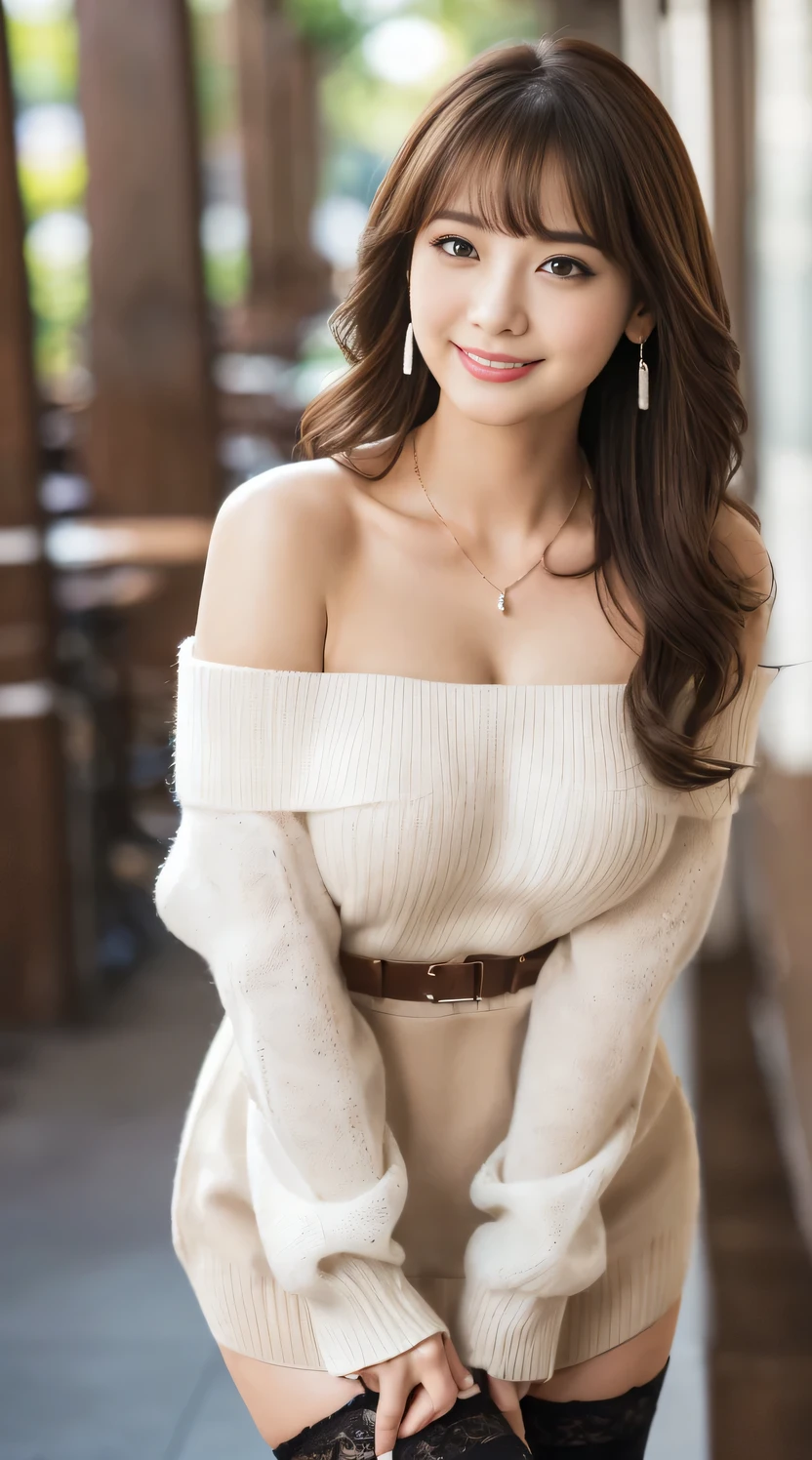 ((table top, TOP QUALITY, high definition, , pixel perfect, 4K, ))), 1 person, single, alone, Beautiful woman with full body visible )、 (( medium length wavy hair, bangs, brown hair)), ((brown eyes, beautiful eyelashes , realistic eyes)), ((detailed faces, :1.2)), (( Smooth Texture :0.75, realistic texture:0.65, realistic:1.1, anime CG style)), big breasted、soft breasted、Dynamic Angle, perfect body, ((white off-the-shoulder long sweater、 very nice、(( you're all yours ))、 black garter stockings 、earrings、necklace、 Upward Glance 、has a smiling face))、((( park with my pet)))
