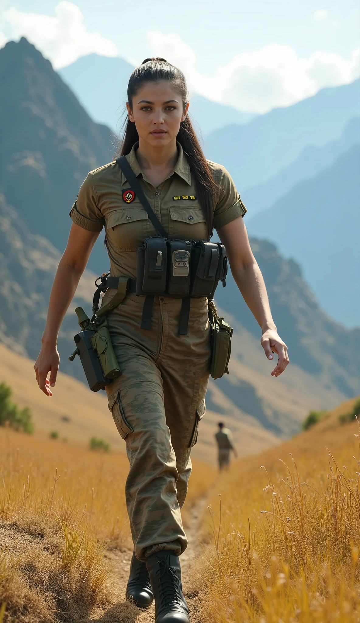 A beautiful young female soldier, 20 years old, strides forward with unwavering confidence across a vast grassland with the towering Himalayas in the background. Her striking face, a blend of elegance and determination, is partially illuminated by the golden sunlight that casts a warm glow over the rugged landscape. Her long, dark hair is neatly tied back, ensuring no strand falls out of place as she moves with precision and discipline.
She wears a well-fitted tactical camouflage uniform designed for both endurance and protection, blending seamlessly with the natural hues of the environment. Emblems of rank and military honors are displayed proudly on her chest, signifying her status and dedication to duty. A utility belt and gear pouches are secured around her waist, holding essential supplies for survival in the harsh mountainous terrain.
In her hands, she firmly grips a military rifle, held in a ready position as she walks steadily, her sharp eyes scanning the horizon. Her posture is poised yet alert, prepared for any challenge the mission may present. Her movements are graceful yet purposeful, a soldier who embodies both beauty and strength.
The background stretches into a breathtaking view of the Himalayas, their snow-capped peaks standing majestically under a sky painted in soft blues and whites. The rolling grasslands sway gently in the mountain breeze, their golden and green hues contrasting with the rugged cliffs in the distance. Small streams cut through the valley, reflecting the sky above. The air is crisp, carrying the distant echoes of nature and the soft rustling of the wind.
In this serene yet formidable landscape, she stands as a symbol of resilience and grace, a warrior embracing both the beauty and the challenges of the high-altitude terrain.