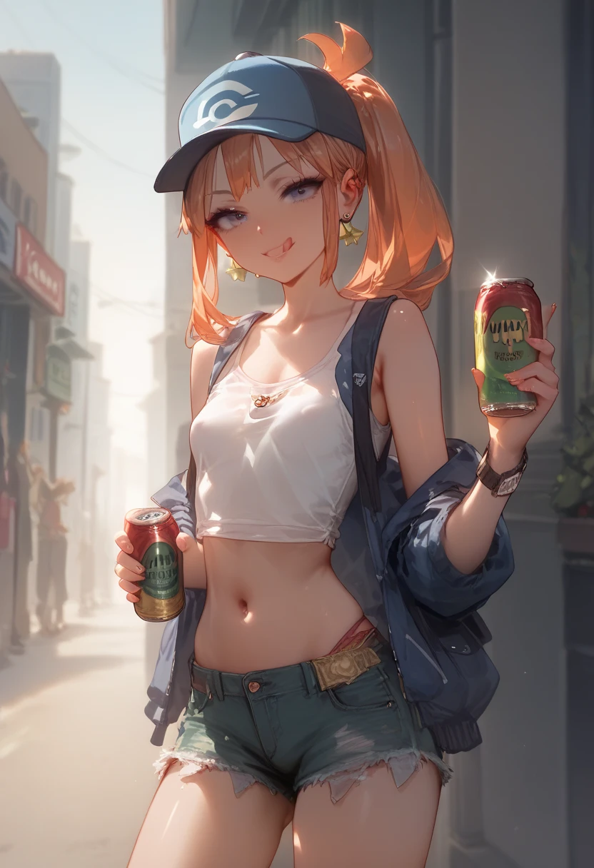 masterpece, 1 girl, ((topless)), latex skirt, fish net leggings, eye liner, goth, beanie hat, outdoor, navel, , streets, sweaty, marketplace, puddle, sneakers, necklace, sleeveless, holding canned beer, wet, night, city crossing, crowd, shibuya, outdoors, neon lights, small breasts, flat chests, puffy nipples, purple eyes, blonde hair, erect nipples, neck collar, slim waist, sneakers