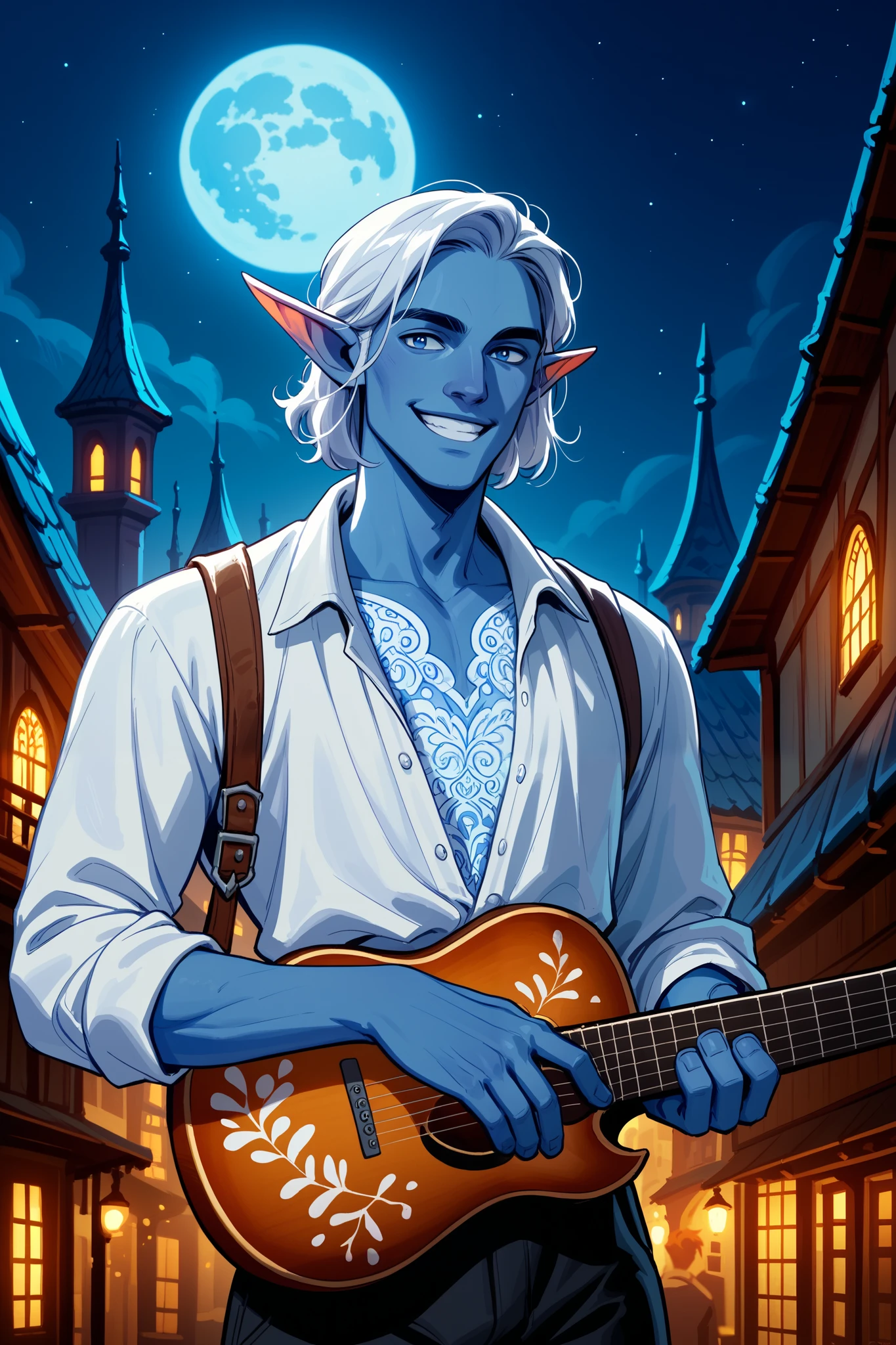 elf, solo, male, blue skin, pointed ears, (colonial era ruffle shirt, slavic style, floral patterns, black colonial trousers, charming, graceful, smiling, flirting, holding a Spanish guitar , ((performing in a village square near the coast)), night scene, colonial style buildings, full moon in sky, ((caviler era clothing, pirate era clothing)), dungeons and dragons, fantasy art, close up, npcp