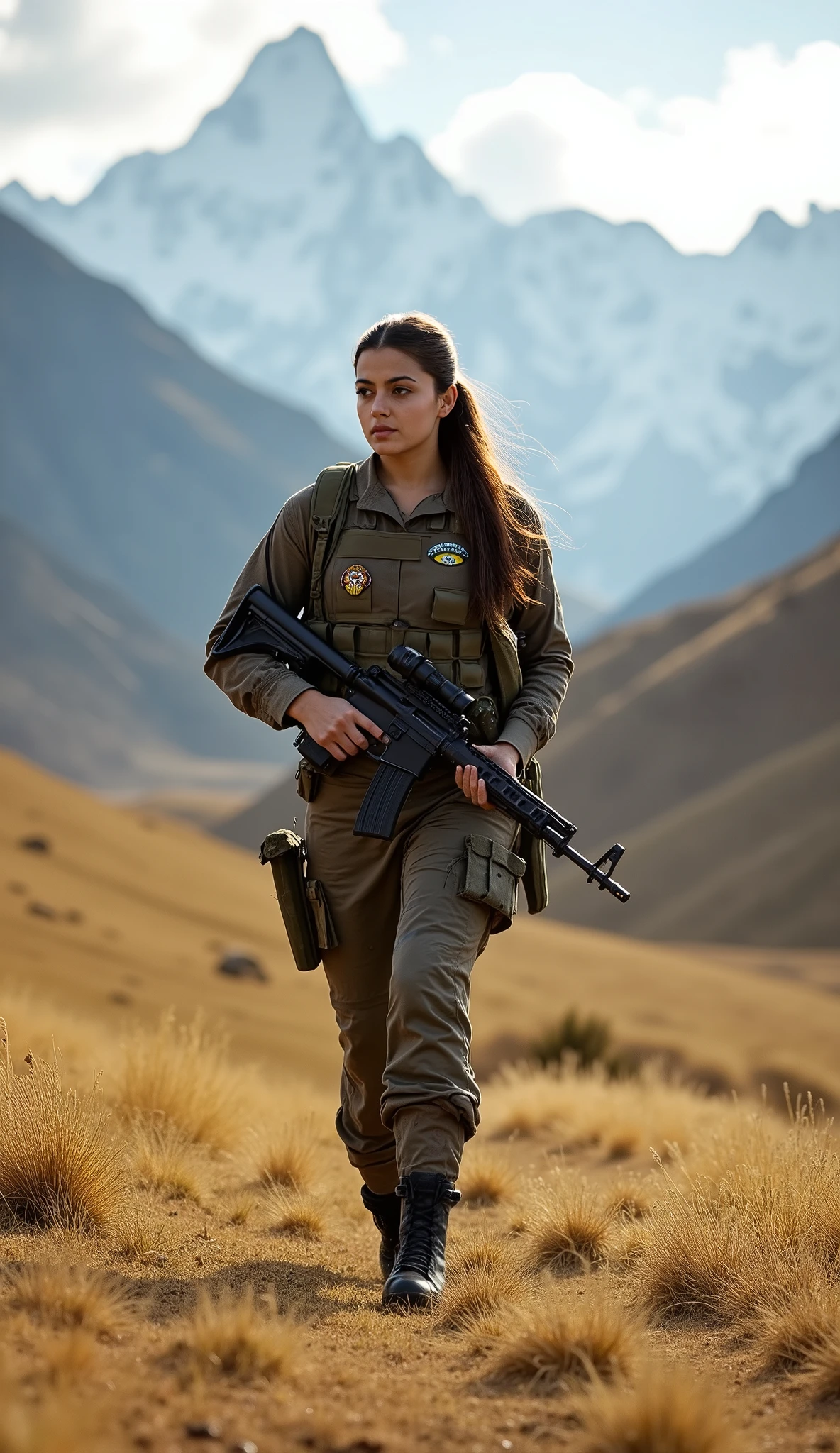 A beautiful young female soldier, 20 years old, strides forward with unwavering confidence across a vast grassland with the towering Himalayas in the background. Her striking face, a blend of elegance and determination, is partially illuminated by the golden sunlight that casts a warm glow over the rugged landscape. Her long, dark hair is neatly tied back, ensuring no strand falls out of place as she moves with precision and discipline.
She wears a well-fitted tactical camouflage uniform designed for both endurance and protection, blending seamlessly with the natural hues of the environment. Emblems of rank and military honors are displayed proudly on her chest, signifying her status and dedication to duty. A utility belt and gear pouches are secured around her waist, holding essential supplies for survival in the harsh mountainous terrain.
In her hands, she firmly grips a military rifle, held in a ready position as she walks steadily, her sharp eyes scanning the horizon. Her posture is poised yet alert, prepared for any challenge the mission may present. Her movements are graceful yet purposeful, a soldier who embodies both beauty and strength.
The background stretches into a breathtaking view of the Himalayas, their snow-capped peaks standing majestically under a sky painted in soft blues and whites. The rolling grasslands sway gently in the mountain breeze, their golden and green hues contrasting with the rugged cliffs in the distance. Small streams cut through the valley, reflecting the sky above. The air is crisp, carrying the distant echoes of nature and the soft rustling of the wind.
In this serene yet formidable landscape, she stands as a symbol of resilience and grace, a warrior embracing both the beauty and the challenges of the high-altitude terrain.