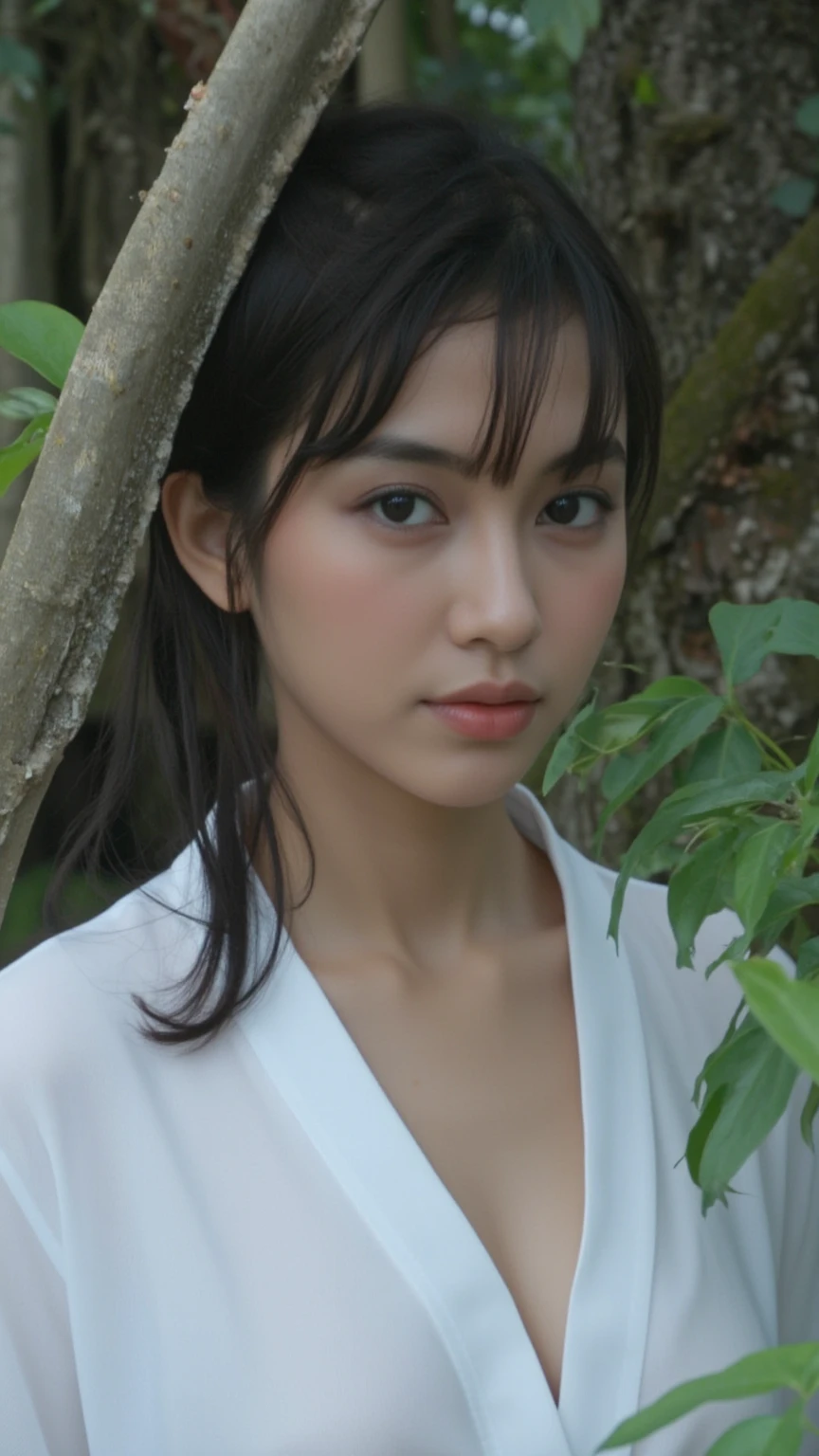 jpn-girl, Professional portrait photography of the face of a beautiful girl with (glossy nude lips) with black eyes, Nikon Z9, looking at the camera, realistic matte skin, highly detailed, skin texture visible, 20 yo,woman wearing dress,blurry background, 
A tranquil bamboo forest in Japan,
,
, 