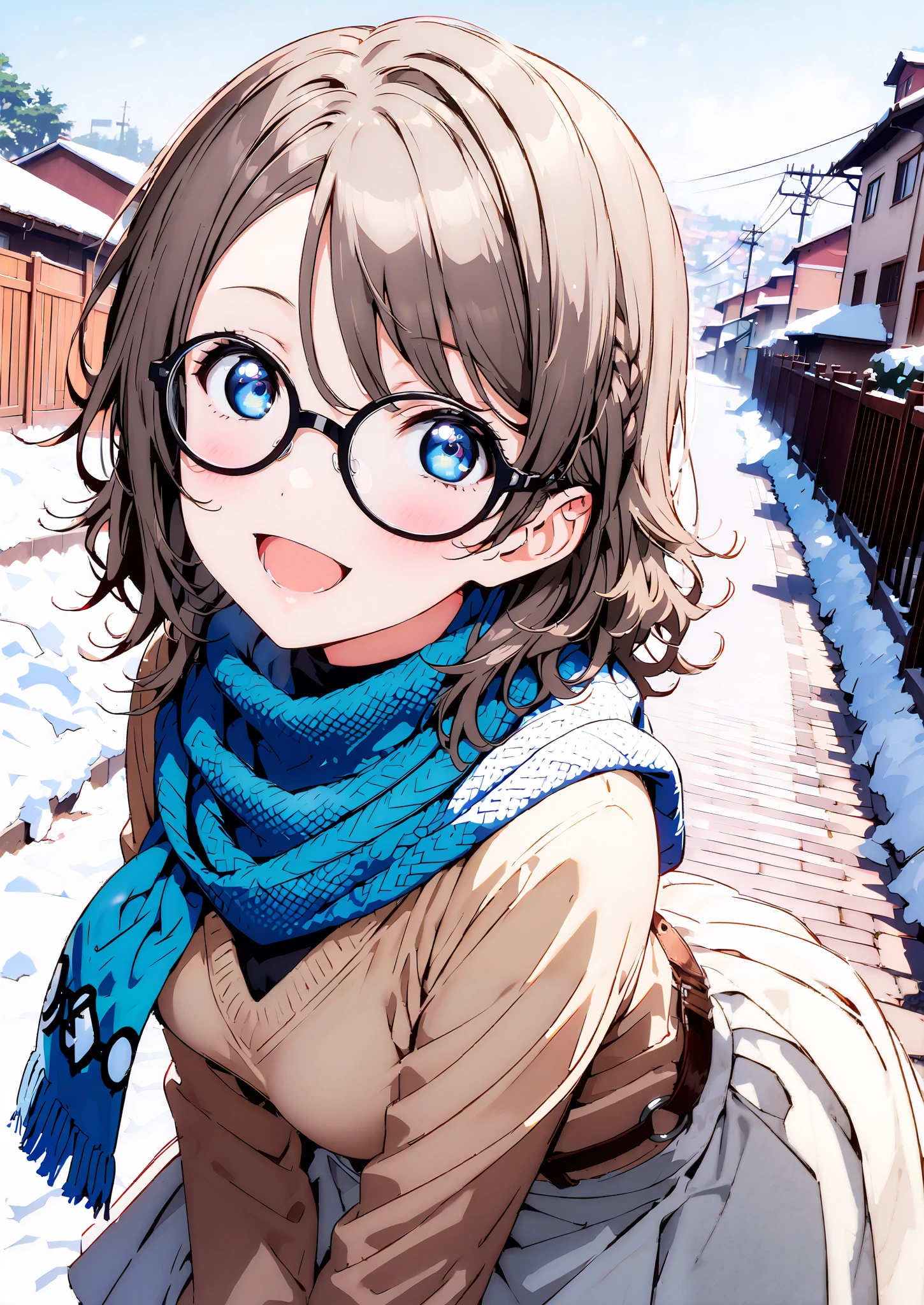 score_9, score_8_up, score_7_up, Alone, 1 girl, Watanabe, short hair,Medium breast,half updo,Glasses,smile,opens her mouth,white breath,blush, duffle coat,(sweater :1.2),( turtleneck:1.2),blue scarf , white long skirt,shoes, snow boots ,snow,morning,standing,full bodyがイラストに入るように,
break outdoors, residential area,
break looking at viewer,full body,
break (masterpiece:1.2),Highest quality , kampala, Unity 8K Wallpaper ,(shape:0.8),( fine, beautiful eyes :1.6),It's a person ,full body写真,CG Details , (perfect hands, complete anatomy),
