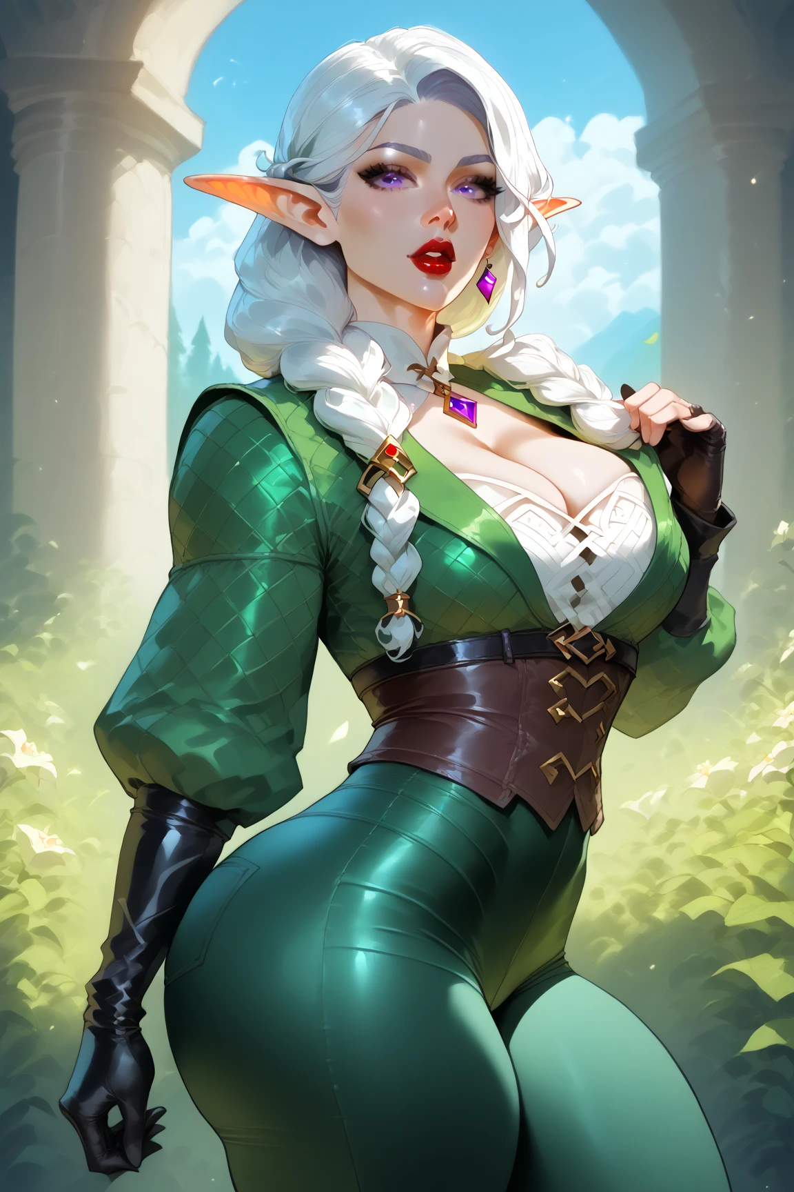 woman,1female,((milf,mom,mature,mature woman,4 female,adult)),(large breasts:1.5),saggy breasts,(((white hair:1.4,straight hair,long hair:1.4,colored inner hair))),((yellow_eyes:1.3)),intricate eyes,beautiful detailed eyes,symmetrical eyes,((((dark skin:1.4,lustrous skin:1.5,bright skin: 1.5,skin tanned,shiny skin,very shiny skin,shiny body,illuminated skin)))),(spider lower abdomen,narrow waist,wide hip,bimbo body,inflated legs,thick thighs,delicate detailed fingers),(((detailed face))),
cute,slutty,sensual,seductive look,seductive,((erotic)),opulent,sumptuous,longingly,((nsfw)),
queen,goddess,fantasy,(beautiful winter silver clothes,silver silk),((strapless green dress,very long green skirt,green dress)),(silver clothes),(((ice jewelry,intricate necklace,christmas jewelry,detailed outfit))),cleavage,silver silk,((eyeshadow,elegant makeup,eyelid makeup,gold lips,gold lipstick)),((Transparent cloth:1.1)), (((Sexy white fur cloak, white fur cloak outfit, wearing a white fur cloak:1.3,winter white cloak))),green gloves,(((intricate outfit,intricate clothes,embroidered outfit,ornate outfit,embroidered clothes,ornate clothes))),
(dynamic pose:1.0),embarrassed,(centered,scale to fit dimensions,Rule of thirds),
((snowy pine forest)),winter,scenery:1.25,((intricate scenery)),((snow forest background)),
(Glossy winter ornaments),highres,sharp focus,(ultra detailed,extremely detailed),(photorealistic artwork:1.37),(extremely detailed CG unity 8k wallpaper),(((vibrant colors,vibrant theme))),(intricate),(masterpiece),(best quality),