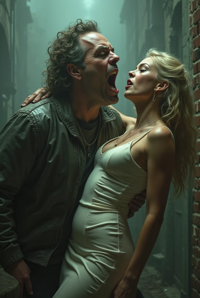 Husband furious with his blonde wife, inside the dark room with little light