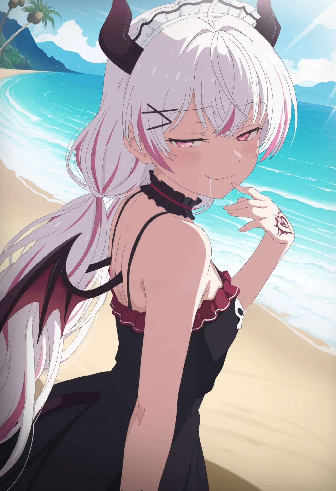 masterpiece, best quality, amazing quality, very aesthetic, absurdres, 1girl, demon horns, succubus, back wings, demon wings, tail, blush, slender body, face focus, smirk, small breasts, heart, closed mouth, saliva, saliva trail, skull printed, outdoors, maid headdress, long hair, very long hair, low twintails, hand tattoo, white hair, multicolored hair, pink streaked hair, x hair ornament, red maid dress, frilled trim, frilled choker, pink eyes, half closed eyes, upper body, jewelry, looking at viewer, ahoge, bangs, hair clip, standing on sand, on sand, feet out of frame, soft light, solo focus, day,beach,island, mountain, coconut trees, sea, wave, reflection, dof, volumetric lighting, from front, sunlight, sky, godrays, light particles, anime screencap, anime coloring, flat color