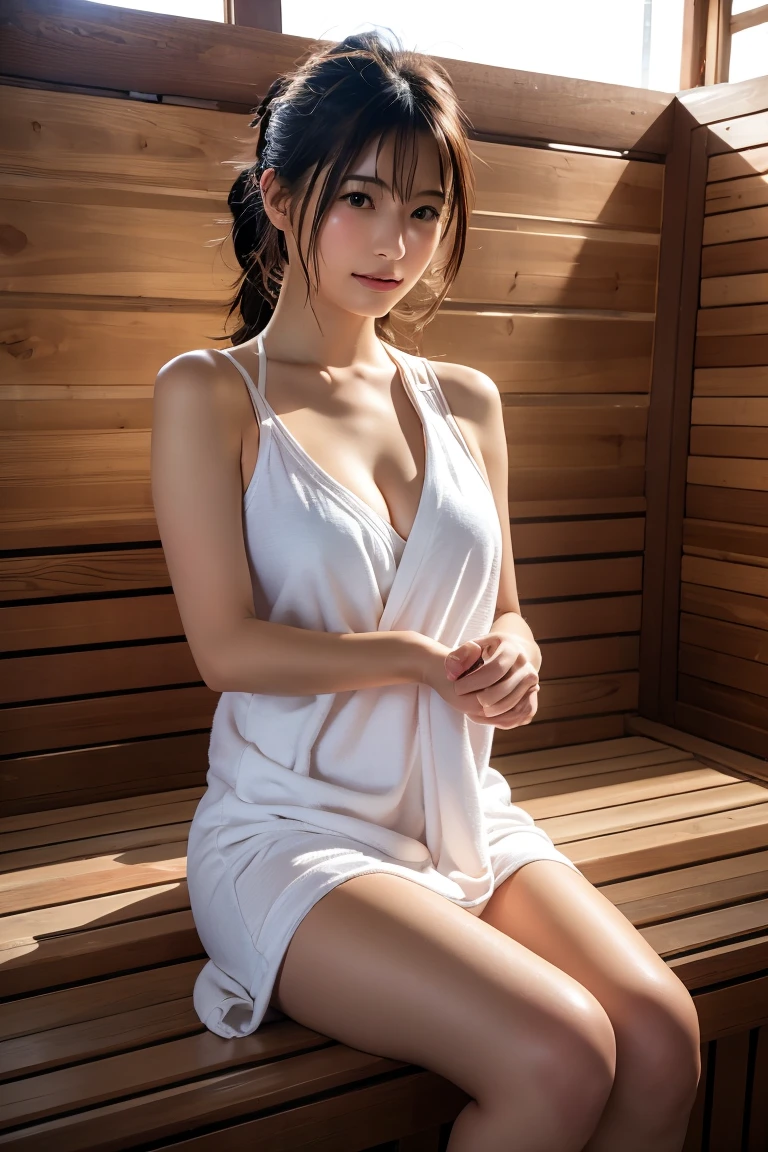 ((top quality, 8k, masterpiece: 1.3)), women (upper body portrait, straight ahead, white towel fabric bare top, shoulders bare, hands on knees, cleavage, inside_sauna:1.6), indoors, in a dark sauna room, overhead camera, sharp focus: 1.2, cute women: 1.4, (((bob cut, disheveled hair, floating hair)), Highly detailed face and skin and hair texture, wet body, wet face, double eyelids, white skin, beautiful delicate nose, cute young Japan woman, 28 years old, featuring a dynamic angle, featuring a contrasting mix of muted tones and light and shadow, while exuding sexual feelings, while emphasizing the subject's hair, eyes, mouth and action, it is a pleasing and suggestive composition to the eye. RAW Photography, (High Detail Skin:1.2), 8K UHD, DSLR, Soft Lighting, High Quality, Film Grain, Fujifilm XT3,