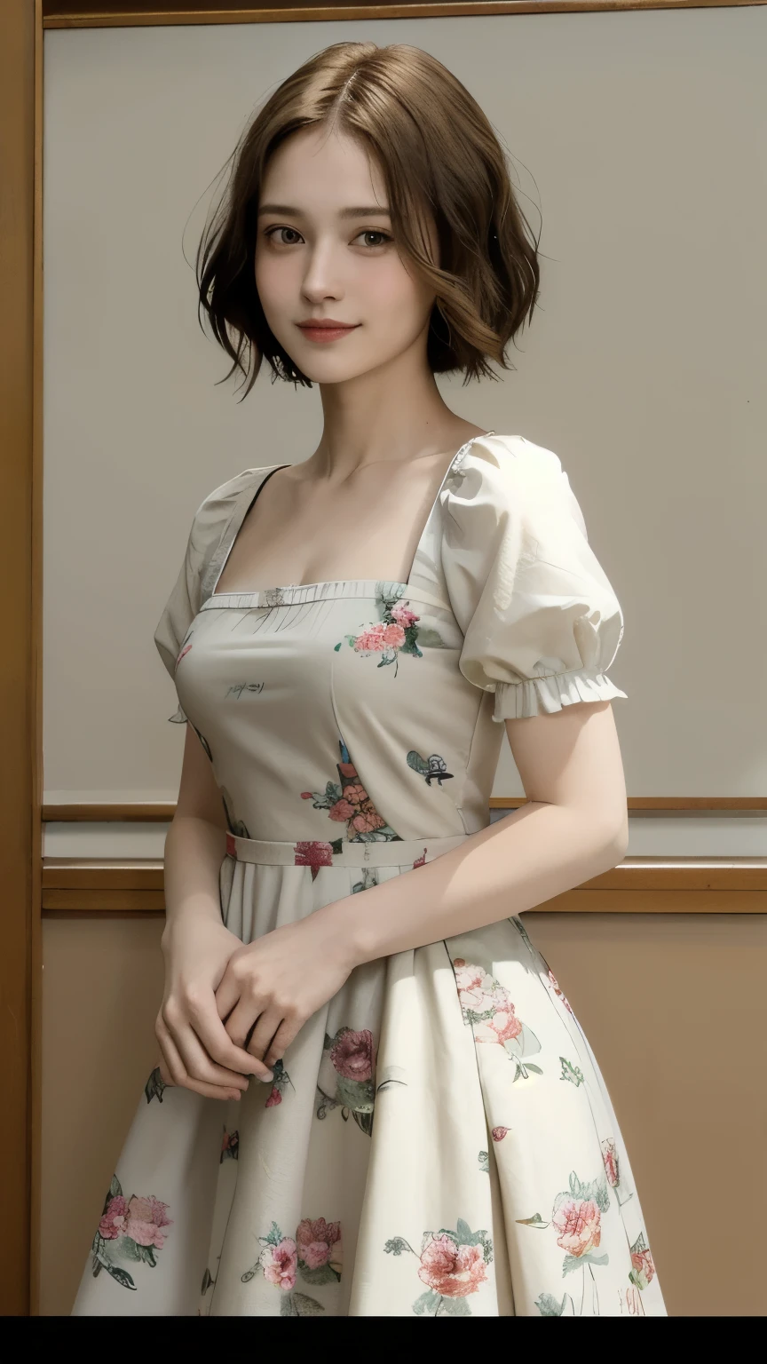 362 (20 year old female),(short hair), ( High Definition Photos ), (gentle smile), (colorful floral dress), (Leonardo da Vinci Paintings)