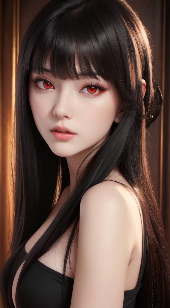 Anime style A vampire with long dark hair and red eyes
