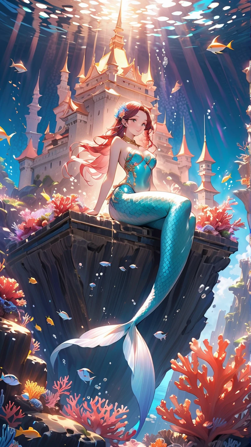 Create an image that captures the essence of classical art and award-winning painting, drawing inspiration from Studio Ghibli style watercolor paintings. Visualize a enchanting watercolor painting of mystical fantasy Mermaid Princess. Her skin should be meticulously detailed, with eyes that glow with life, and a facial structure that fits the golden ratio of attractiveness, including clear double eyelids. | She is moving with a dynamic and bold grace.The setting is a mystical underwater castle, under the warm light of sunlight, casting striking shadows around. The landscape atmosphere must feel both engaging and ethereal. | Rendered in ultra-high detail and quality, this masterpiece ensures super detail. With a focus on high quality and accuracy, this award-winning painting captures every nuance in stunning 16k resolution, immersing viewers in its lifelike depiction. | ((watercolor painting):1.1), ((Studio Ghibli style):1.1), ((mystical fantasy Mermaid Princess):1.1), ((Underwater castle):1.1). | (((anatomical correctness))), (((perfect_fingers))), (((perfect_legs))), (((perfect_hands))), ((perfect_composition, perfect_design, perfect_layout, perfect_detail, ultra_detailed)), ((enhance_all, fix_everything)), More Detail, Enhance.