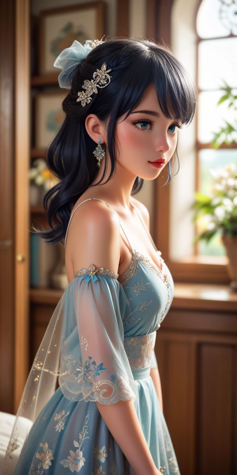 ((Best Quality, 8K, Masterpiece: 1.3)), 1girl, Slim Abs Beauty: 1.3, (Hairstyle Casual, Leaky Big Breasts: 1.2), Dress: 1.1, Super Fine Face, Delicate Eyes, Double Eyelids, Smile, Home