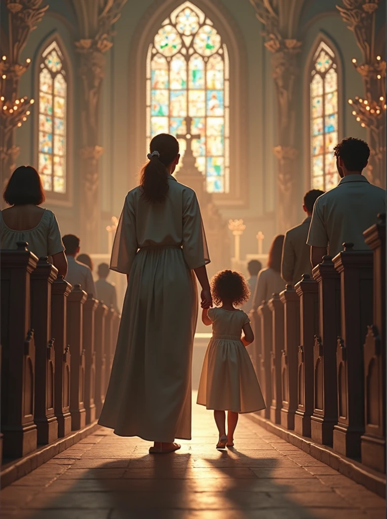 I want an image of a lady in pants and a shirt , With her daughter in the Catholic Church, In the background more people attend