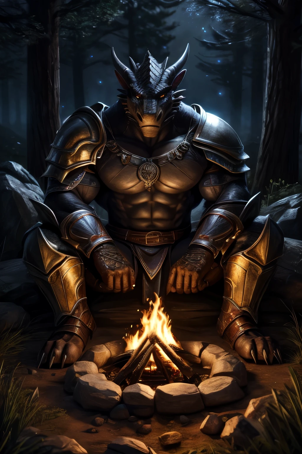 ((only)), Human Dragon Man,long black,dragon body,Human Dragon Art,(Pitch-black fur:1.4), masculine, motion, muscular boo ,(venous muscles:1.3), (torn muscles:1.3), (Realistic fur, Detailed fur texture:1.5), detailed background, (Sit around the campfire:1.4), shadow, ((dark night)), Vivid,(thick bump:1.2), torso only, (Detailed clothing), A hyper realistic, ultra detail, Natural night light, the movie, epic,Red eyed dragon man,wet,large bump,There is a flame pattern on the body,Double ball and case, penis flaccid, ,open mouth ,Stick out her tongue ,teeth