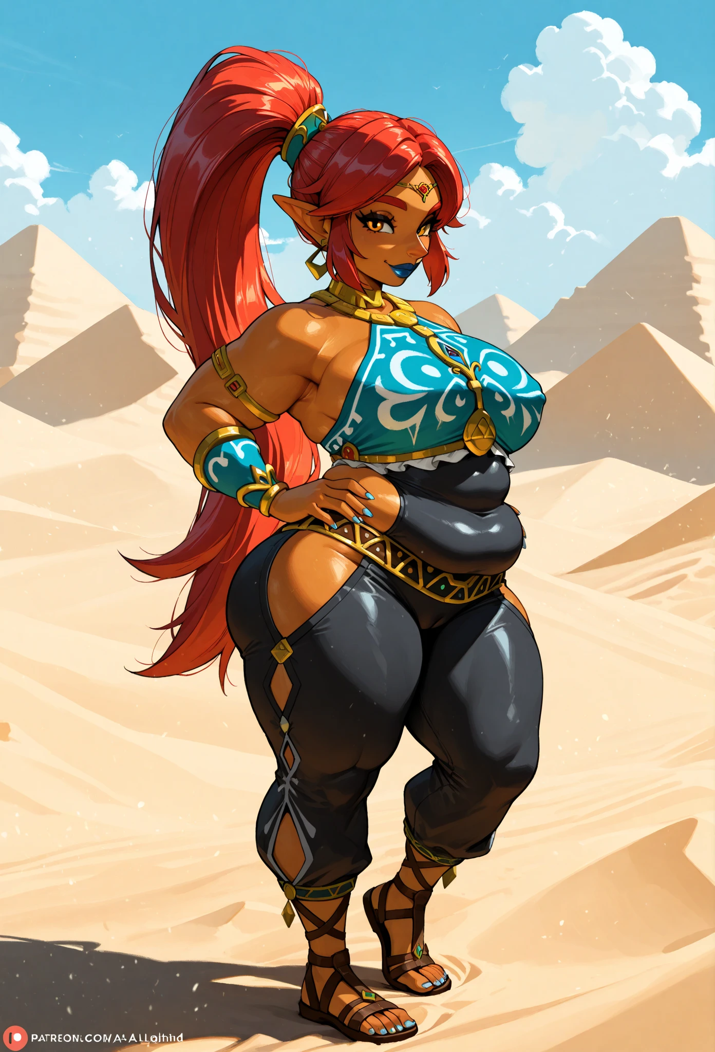 Shantae, tiara, Gargantilha, brincos de argola, bandeau o-ring, Clamps, red latex pants, seios grandes, sorriso, dentes, muito gorda, quadris super largos, bunda grande, peitos enormes, barriga grande, gordinha, big arms, barriga de gordura dupla, plano de fundo: mercado ambulante no deserto