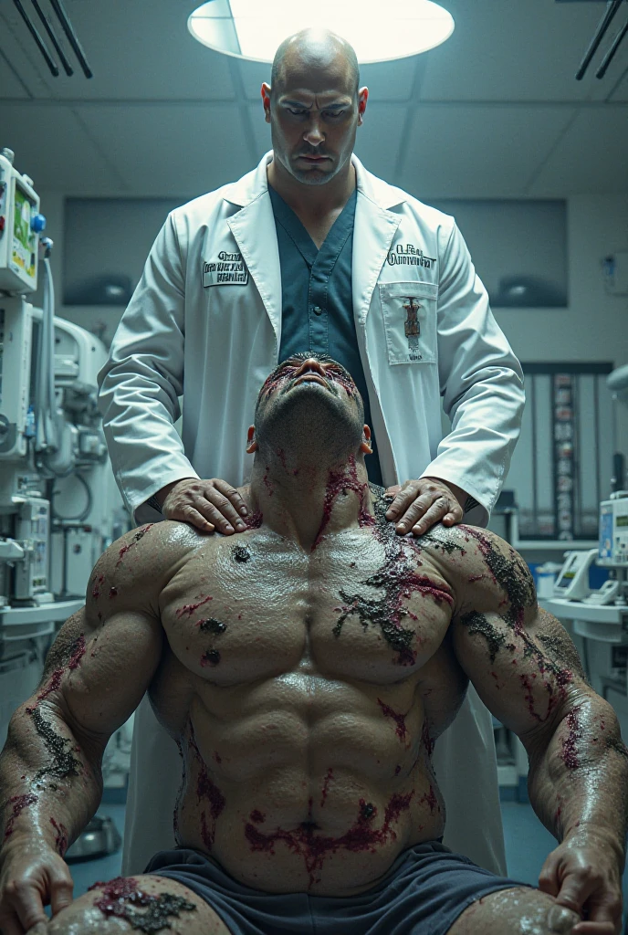 A very muscular man, 40 years old, shirtless and barefoot, he is hold from behind by a doctor. The doctor puts his right hand over the muscular man's nose and mouth with a white folded hankderchief. The muscular man is sleepy.