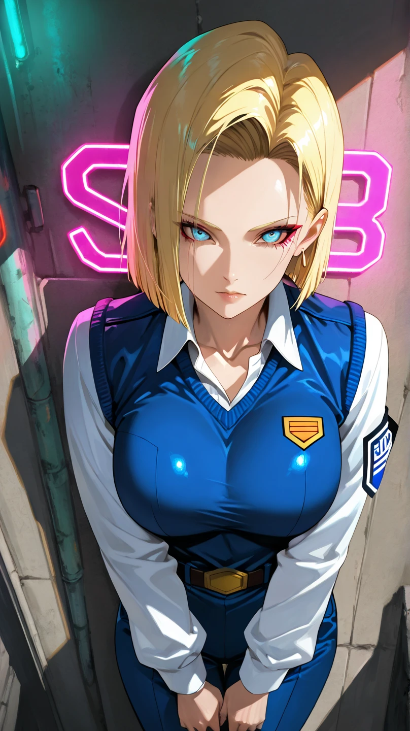 Score_9, Score_8_up, Score_7_up, Score_6_up, Score_5_up, Score_4_up, Source_anime, Tag1, Tag2, Quality_masterpiece, Anatomically correct, Beautiful face, Perfect face, Highly detailed beautiful face and eyes, Attractive face, Detailed face, Delicate facial features, Detailed skin, zzAndroid18, blue eyes, blonde hair, short hair, Muscular body , htm ,k4ra, looking at the viewer, uniform with neon lights, glowing blue LED indicators on the temple , The lighting is cinematic ,Cyberpunk, stand , expressionless, cowboy shot, front view, high angle,