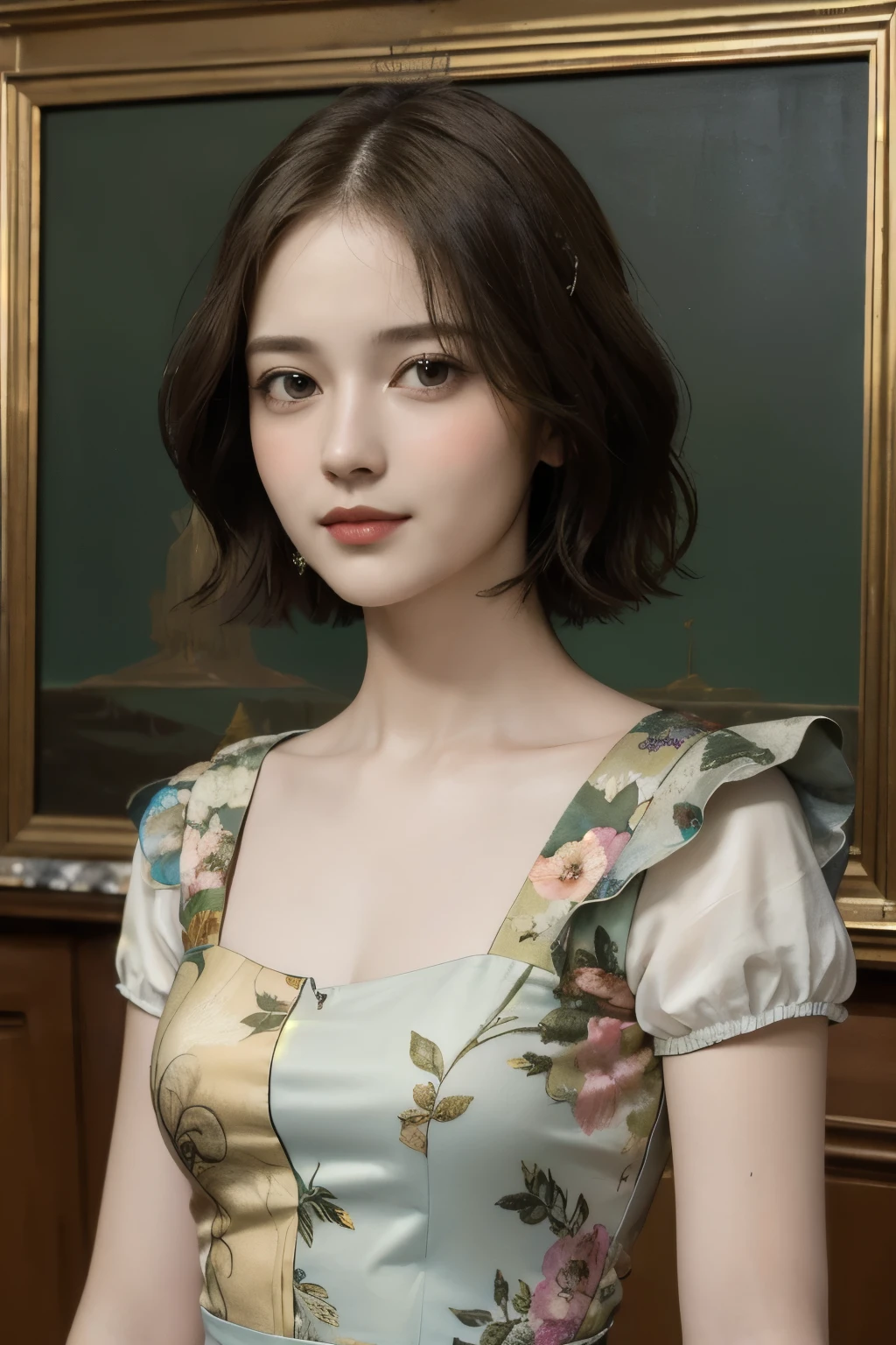 362 (20 year old female),(short hair), ( High Definition Photos ), (gentle smile), (colorful floral dress), (Leonardo da Vinci Paintings)