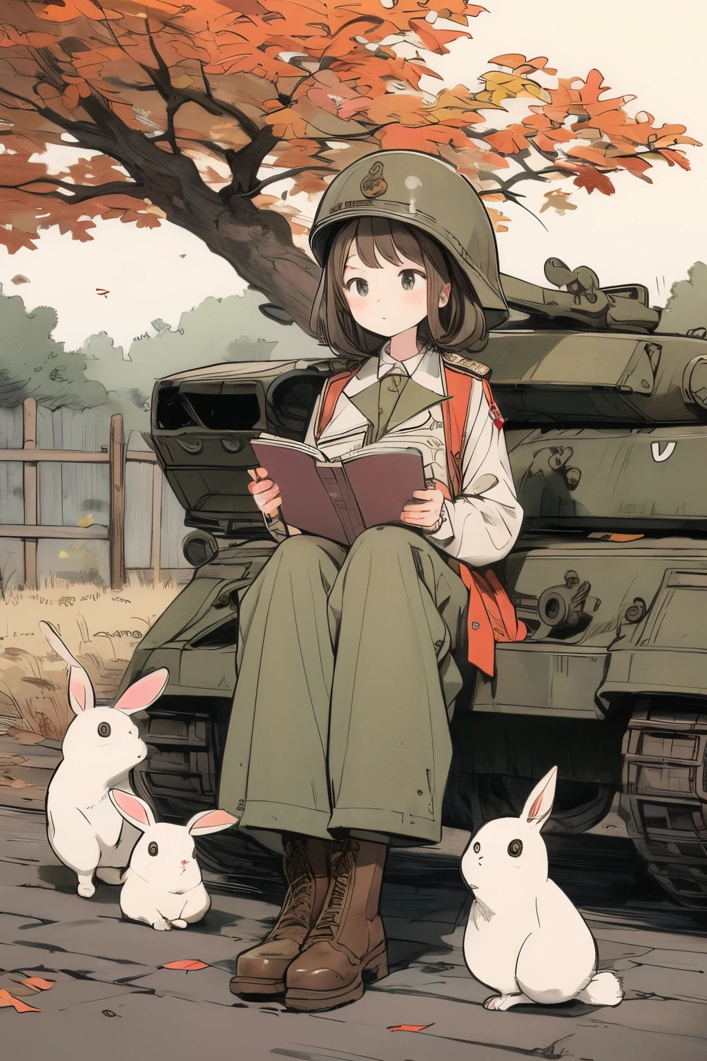 Pastel drawing、A soldier girl is leaning against the caterpillar track of a tank and reading a book.、Next to her, a white rabbit is reading a book with the girl, placing it on the ground.、The girl has short brown hair、Wearing an old German military helmet and uniform、Wear long pants and brown leather combat boots、The girl puts a rifle on her shoulder、Holding a book with both hands and reading、Gentle expression、Rabbits are cute and fluffy、A lot of military vehicles are lined up around the girl.、Surrounding trees,The color is reminiscent of autumn leaves.、