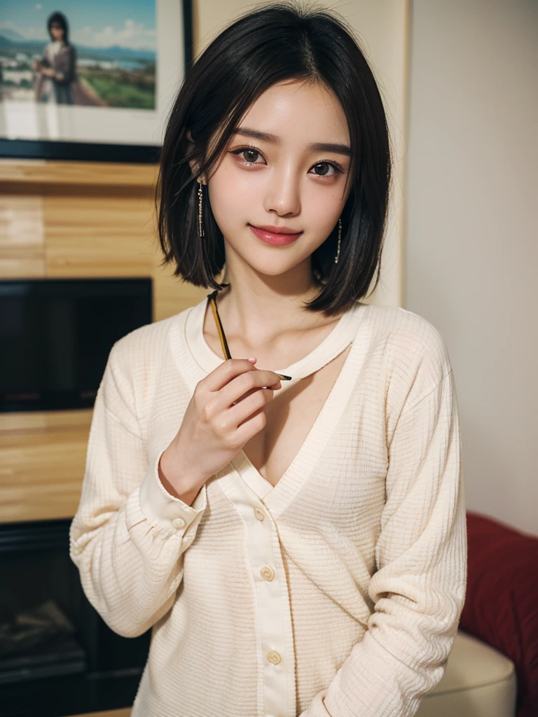 (shoulder-length straight short hair: 1.2),Upper body, （Extremely meticulous CG 8k wallpaper），（Extremely refined and beautiful），（Masterpiece），（best qualtiy:1.0），（Ultra High Resolution:1.0），beautiful light up，Perfect lightning，realistic shaded，[A high resolution]，Smooth and flawless fair skin，Extremely exquisite facial details，ultra - detailed，A  girl，small head，Smile，cheerfulness,early autumn，afternoon，Close Shot，at home，In living room,Blue green background，Lying on back on the sofa，Holding a mobile phone in both hands，Playing mobile phone,A large screen Iphone，Eyes cast onto the phone screen，(oversized longline Long Sleeve white T-shirt:1.2),(mini sports shorts:1.2)，enjoying a comfortable and intoxicated expression,besides，small face，（perfect body:1.1）,small breasts，flat chest，slim，thin，Slender legs，flowers