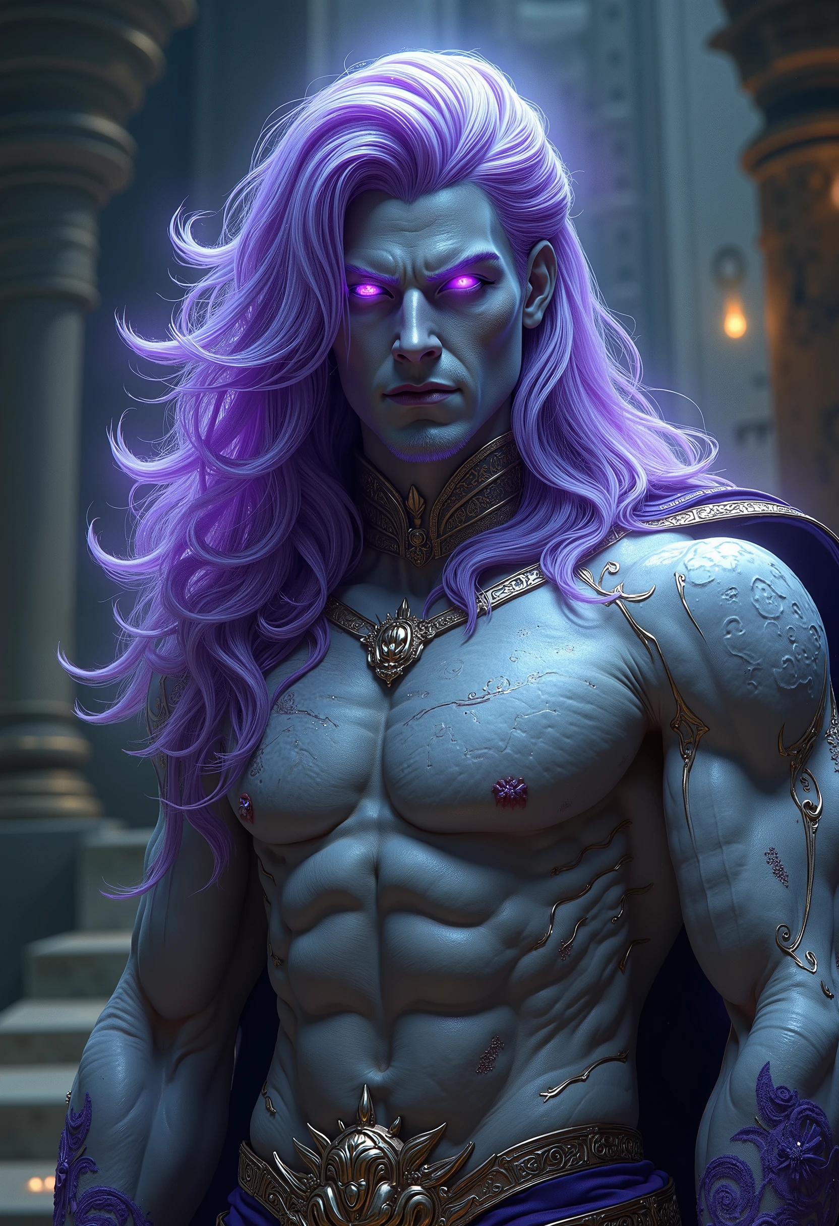 (((intricate design))) (((top quality))) (((16K))) (((high definition))) 16K splash art, dark shadows, (((photorealistic))) high-res, ultra sharp, ((masterpiece)), the best quality, expressive eyes, perfect face, (((sexy purple robes))) super eyes, perfectly detailed anatomy (((volumetric lighting))) (((cinematic lighting))) (((1Male))) (((bodybuilder))), (((hyper muscular))) (((hyper pecs))) (((realistic bulge))) (((broad shoulders))) (((purple male humanoid))), (((he has purple skin))) humanoid flower, flower bed, flower garden, in a greenhouse, big man , thighs (((Purple Skin!))), (((purple long hair!))) (((purple skin tone!))) (((purple skin complexion))) fruity, zesty personality, deity, god of flowers, long nails, headdress, green glowing eyes, bloom, handsome humanoid male, spreading his pheromones, flower clothing, plants, pot plants, blooming, oily skin, shiny skin, veins,