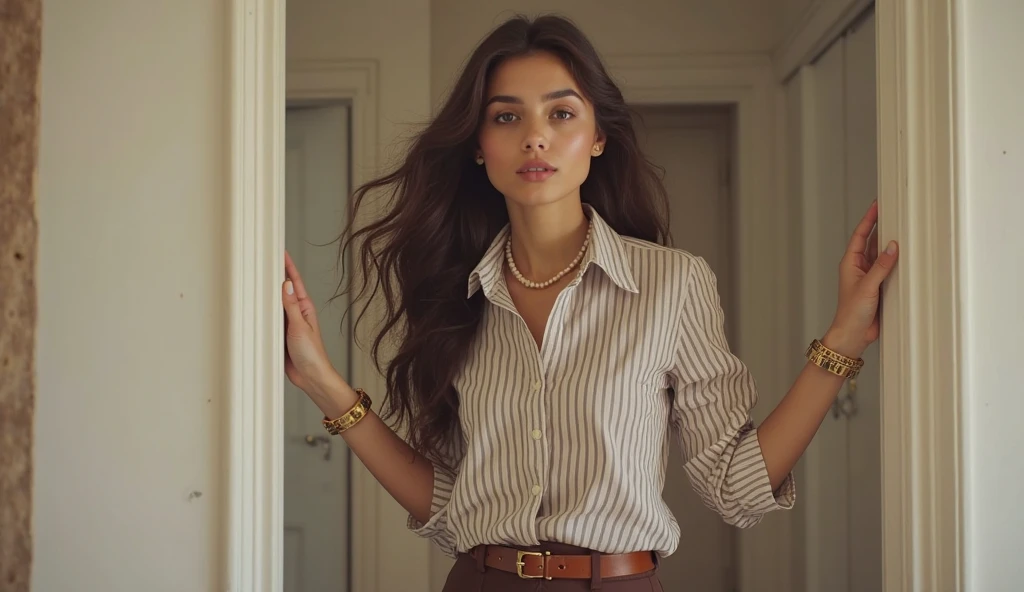 A beautiful european girl with brown eyes and brunette hair, wearing a white blouse with a black jacket and black pants, standing in a busy office, smiling, ultra high resolution, (photorealistic: 1.4), high resolution, (brown eyes), (finely detailed skin), (perfectly proportions) (photos realistic) (masterpiece) (photorealistic), ultrarealistic (Best Quality) (Detailed) photographed in a Canon EOS R5, 50mm Lens, F/2.8, (8K) (Wallpaper) (Soft Lighting) (Convoluted) Fashion