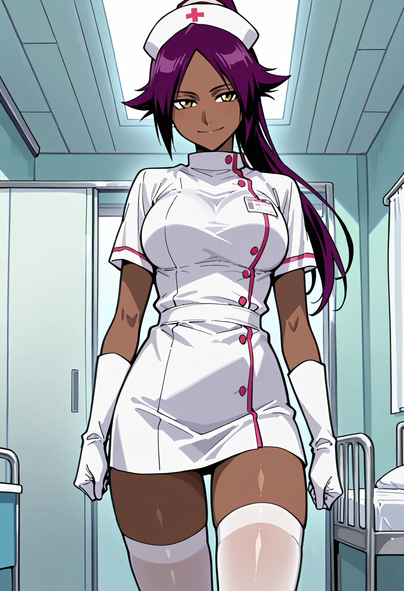 Score_9, score_8_up, score_7_up, source_anime, shihouin yoruichi, solo, ponytail, purple hair, yellow eyes, dark skin, parted bangs, large breasts, (best quality), (high quality), {masterpiece}, extremely delicate and beautiful, ultra-detailed, beautiful detailed eyes, nurse, nurse hat, ((white nurse's outfit)), white gloves, white thighhighs, hospital room, smile, closed mouth, standing
