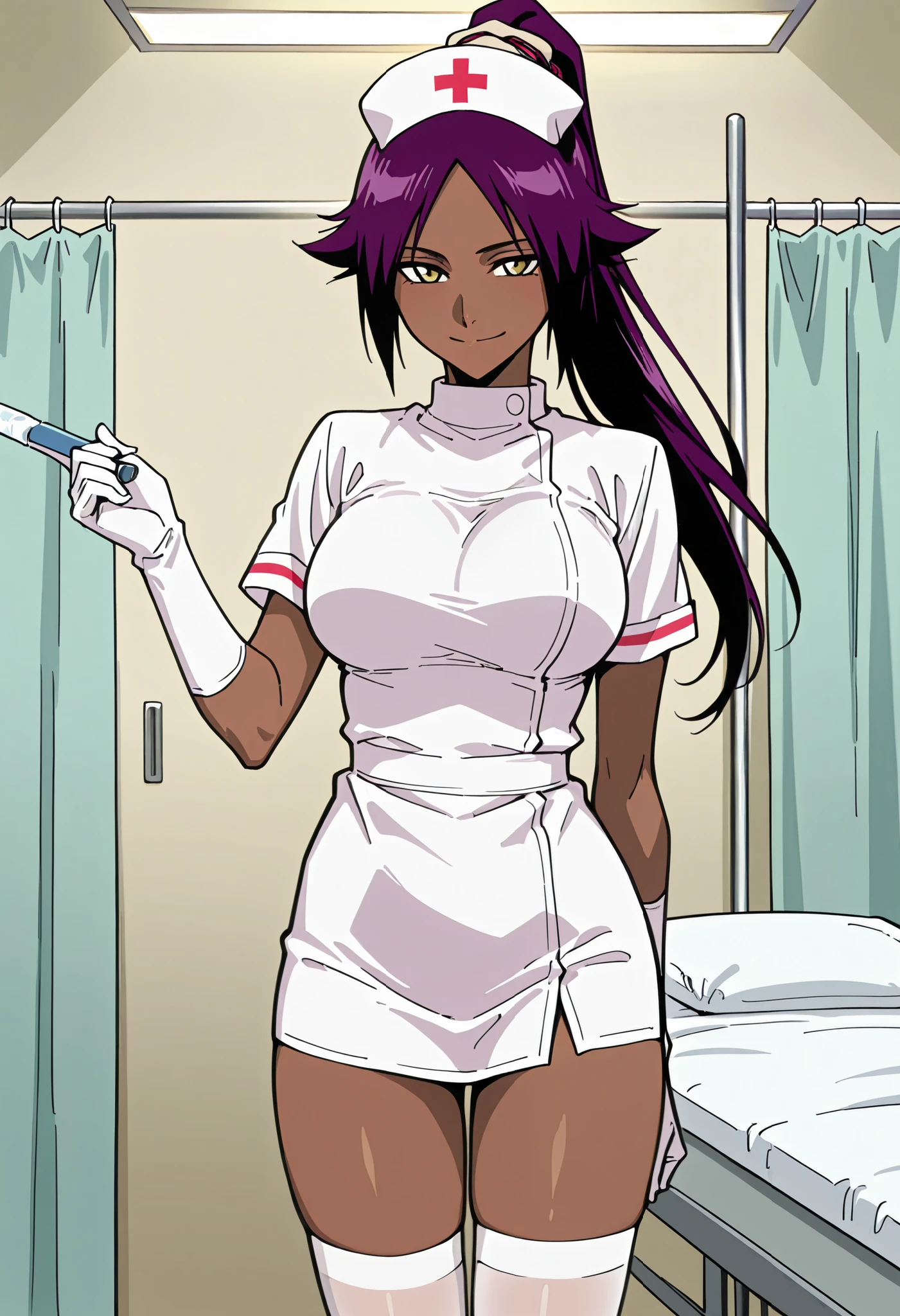 Score_9, score_8_up, score_7_up, source_anime, shihouin yoruichi, solo, ponytail, purple hair, yellow eyes, dark skin, parted bangs, large breasts, (best quality), (high quality), {masterpiece}, extremely delicate and beautiful, ultra-detailed, beautiful detailed eyes, nurse, nurse hat, ((white nurse's outfit)), white gloves, white thighhighs, hospital room, smile, closed mouth, standing