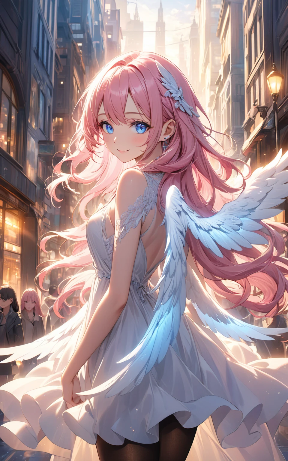 Official fine art,tmasterpiece,Sharp focus,(Beautiful, gorgeous and cute flower fairy:1.3),(Beautiful and cute flower fairy:1.3),the Flower Fairy,Delicate and beautiful hair and eyes and face,realisticlying,ultra - detailed,the Flower Fairy,blue-sky,Glowing white particles,(sidelighting:1.2),rays of sunshine,baiyun,Detailed clouds,Slender,Cute big breasts and big buttocks,Toothy laughter,((Laugh and open your eyes)),scenecy,Hair of a flower fairy, sexy facial expression, buliding, (cityscape:1.7), Dynamic hair, Hair hair of flower fairy, Delicate platinum-pink hair, glow blue eyes, (Transparent colorful wings), Holding a magic wand in his hand, Transparent colorful wings, Magic wand, epic landscapes