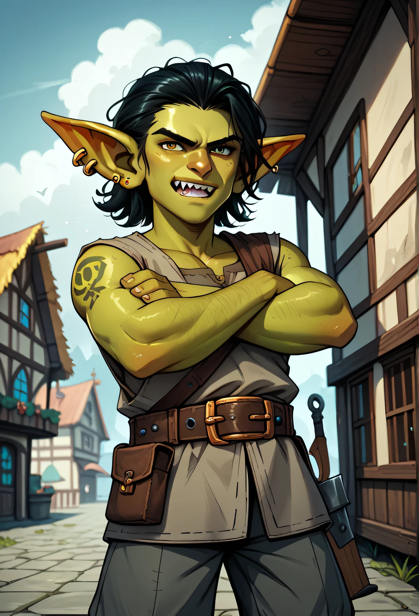 (masterpiece, best quality, 2k), solo, 1guy, (goblin, short stature, pointy ears), black hair, sharp teeth, grey pirate tunic, dark velvet sash, sealskin pants, belt pouch, pirate pistol in belt, fiddle attached to back, standing in a town square, arms folded, foggy evening, (grumpy, proud), close up