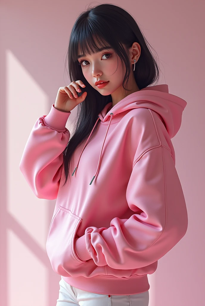 21yo girl,(wearing pink hoodie),(hoodie covering face),(hood),(covering face),natural big breast, plump body,single sidelock hairpin blush modern cinematic lighting,ray tracing,drop shadow wide shot UHD,textured skin,high details,best quality 4K
