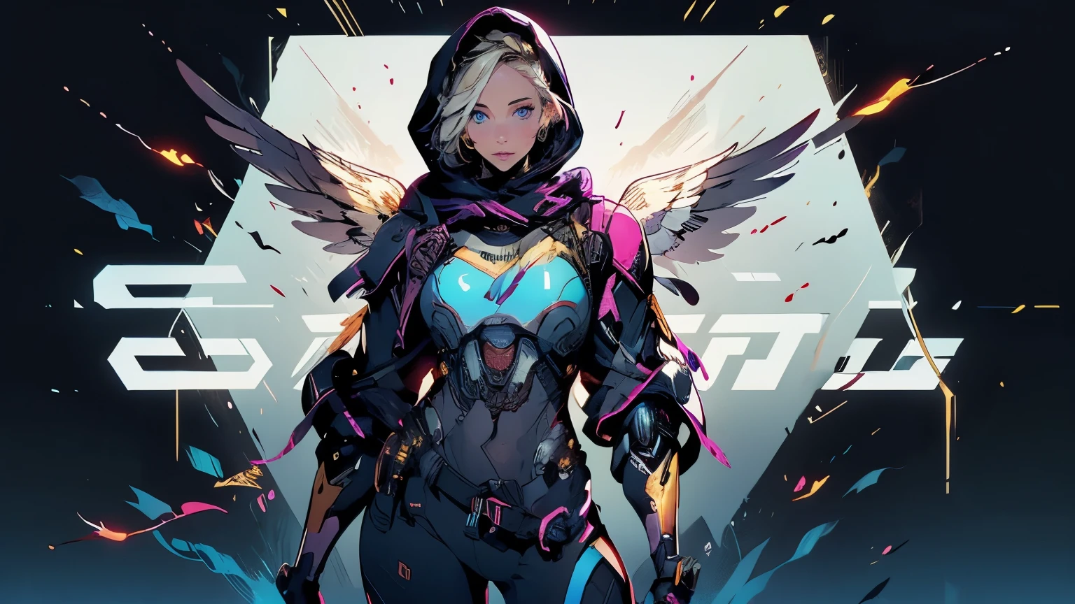 (masterpiece:1.2), (best quality:1.2), (very aesthetic:1.2), (absurdres:1.2), (plain background), newest, intricate details, 1girl, solo, hood, (hood up), perfect face, perfect eyes, perfect body, skinny waist, (cyborg armor), cyborg arms, cyborg hands, cyborg boots, ((feathered wings)), ((large wings)), highleg leotard, mons pubis,Jennifer Lawrence, golden hair, pale blue eyes, perfect eyes,(CharacterSheet:1)