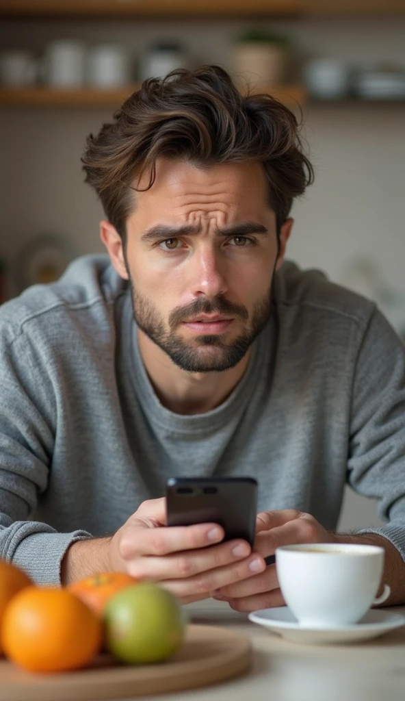 A young adult (male) sitting at a kitchen table, holding a smartphone and searching for health effects of industrial cooking oil. Their facial expression shows concern and realization. The phone screen displays an article about unhealthy oils, with words like “harmful,” “cholesterol,” and “heart disease” visible. A cup of tea and some fruits are on the table, creating a realistic home setting.