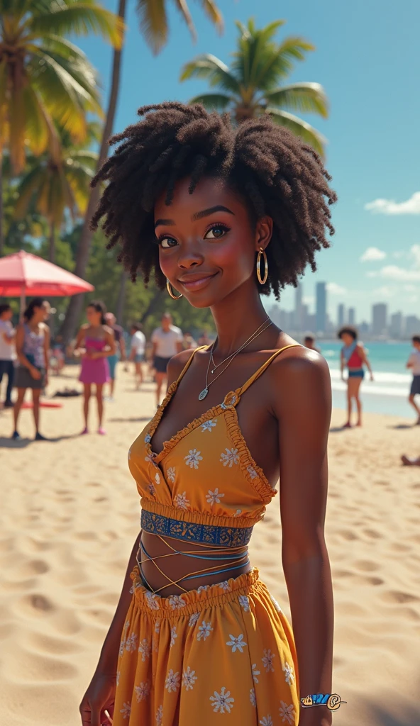 A brown-skinned girl with green eyes, wearing a bikini in the square