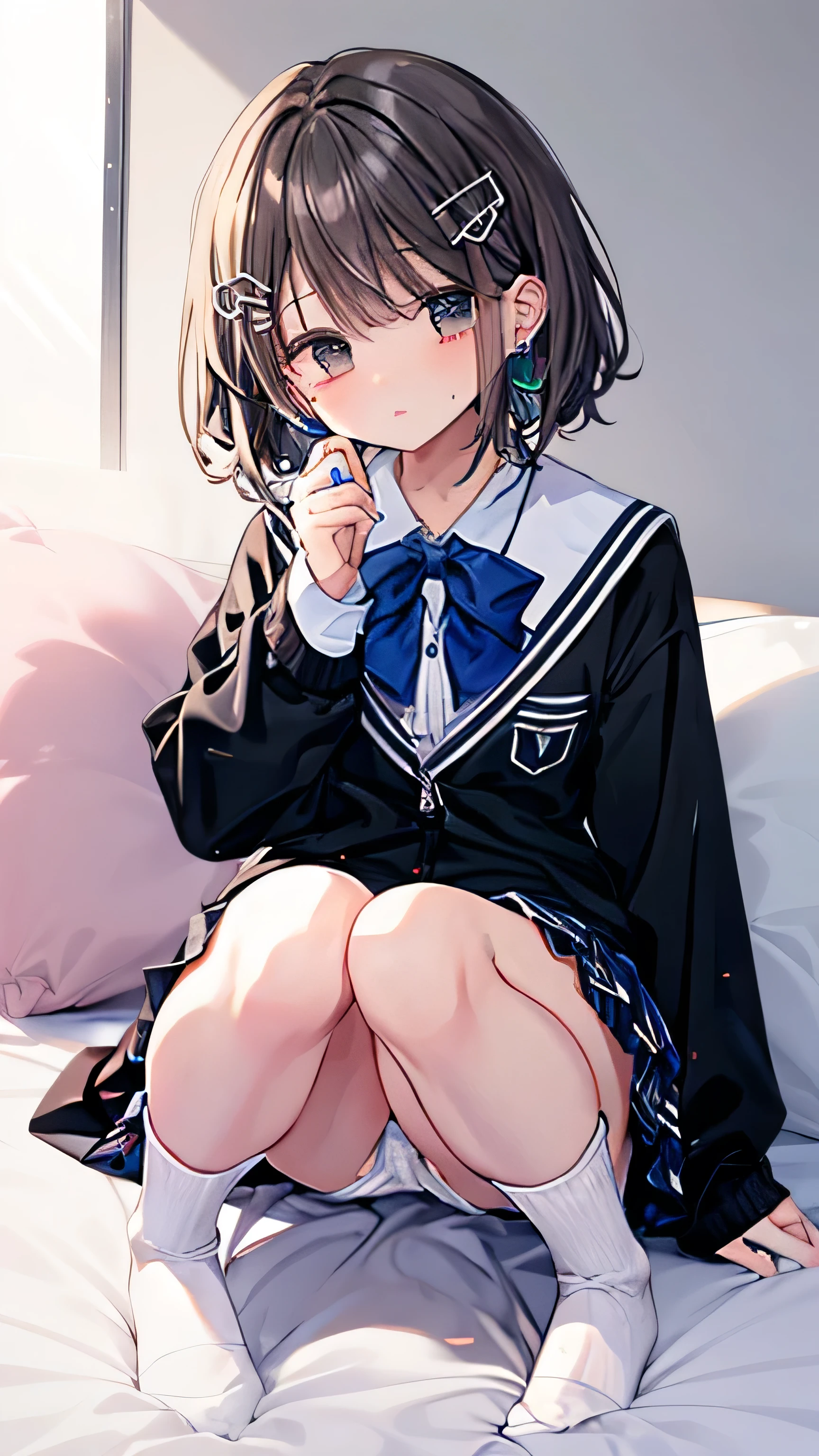 Anime girl sitting on a bed with a cell phone in her hand - SeaArt AI