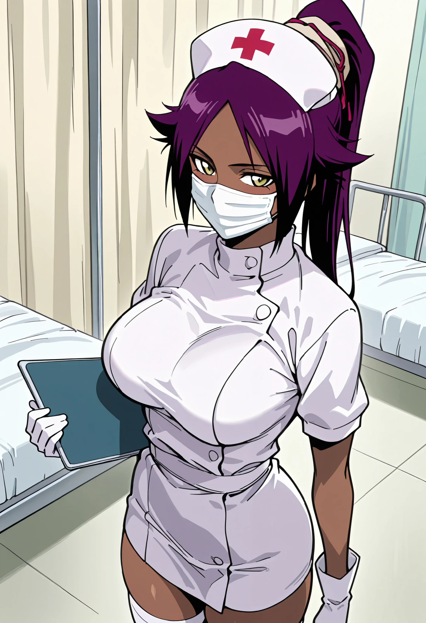 Score_9, score_8_up, score_7_up, source_anime, shihouin yoruichi, solo, ponytail, purple hair, yellow eyes, dark skin, parted bangs, large breasts, (best quality), (high quality), {masterpiece}, extremely delicate and beautiful, ultra-detailed, beautiful detailed eyes, nurse, nurse hat, ((white nurse's outfit)), white gloves, white thighhighs, hospital room, ((white surgical mask, covered nose)), standing