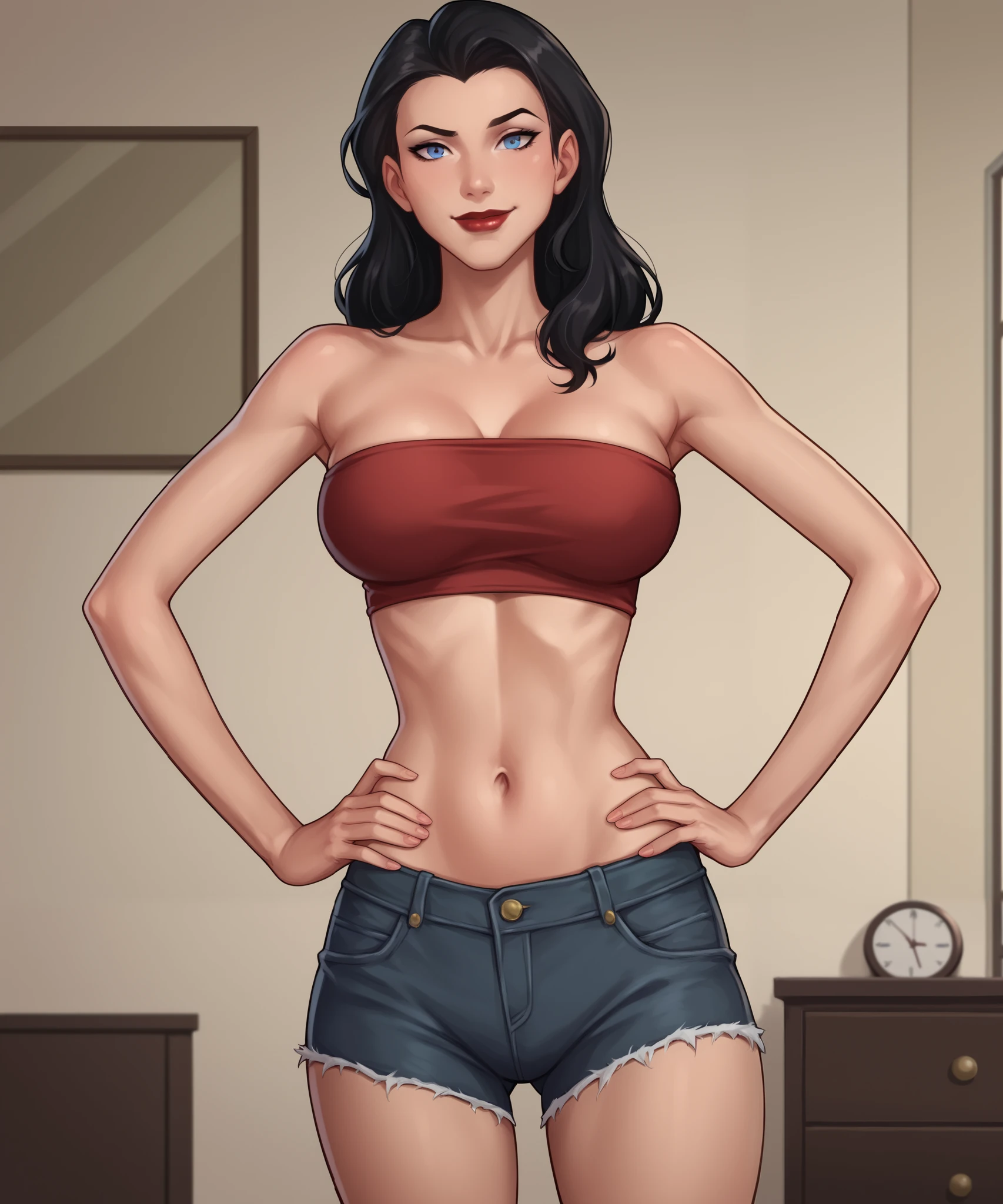 safe_pos, PonyXLV6_Scores BREAK ((parody style, parody), perfect anatomy, perfect eyes, cowboy shot), BREAK zatanna, black hair, blue eyes, dark red lipstick, black makeup, ((looking at viewer)), navy jean shorts, curvy, athletic, large breasts, standing, indoors, smile, closed mouth,  bedroom , happy expression, standing, navy tube top, hands on hips, seductive pose, sexually suggestive pose, raised eyebrow 