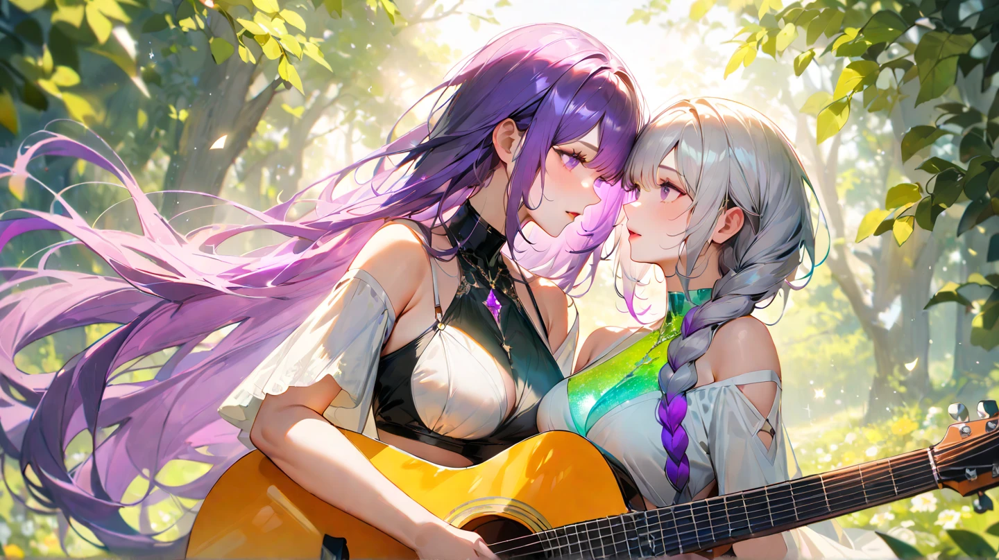 <lora:devolaAndPopolaNier_v10:0.8> Devola Popola, two beautiful woman, Devola sitting on a tree trunk, playing on a lute, Popola dancing happily in the grass, in a rustic village,