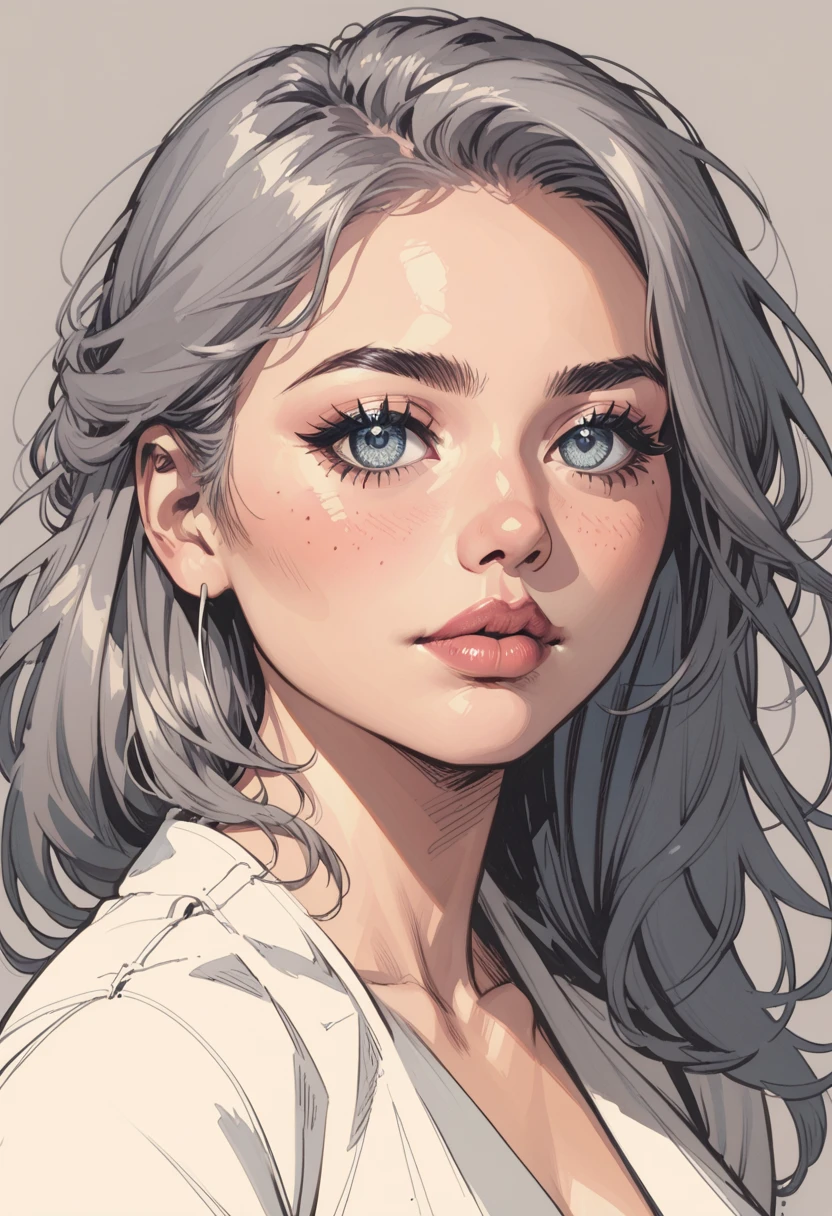 Generate a 90s Japanese anime-inspired portrait of a girl with grey hair, featuring two long braids. Her eyes should be black, and she should be wearing all black clothing. Add a small lightning scar on her face. The background should primarily be black with subtle grey accents. Ensure the artwork captures the nostalgic 90s anime aesthetic and apply a grain effect at 100% for that authentic vintage look.