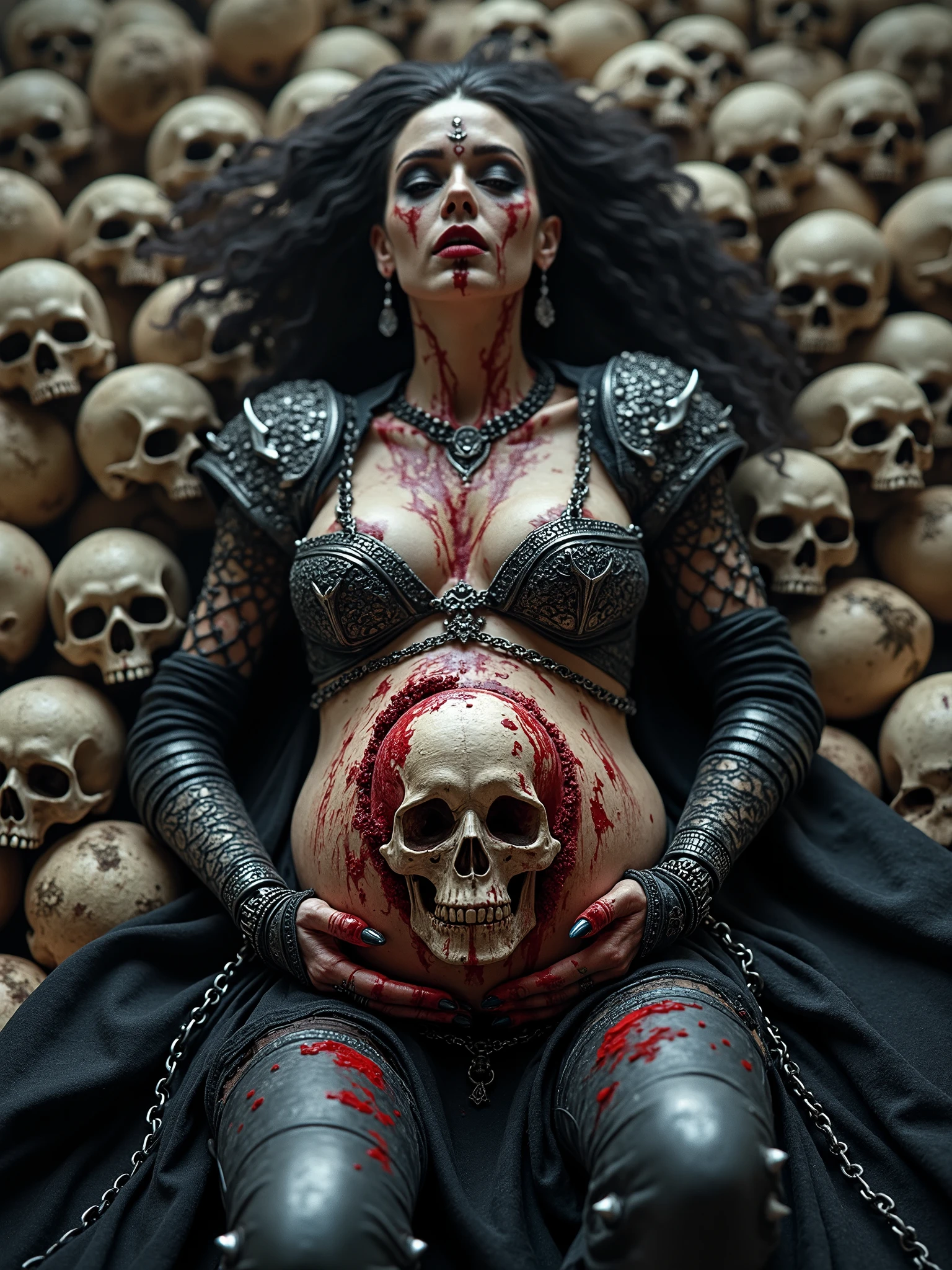 Beautiful Female cosmic necromancer with half rotten face and exposed skull,laying inside huge pile of skulls,skull growing From her pregnant belly, pressing on the inside for the skull to be visible,entity,necromancer warrior queen holding sickles on her Belly and face,beautiful Lilith dressed seductive and sexy,chain dress black leather,satanic occult ambiance,half nude,spilled with red and black goo,dark makeup,dark surrealism,dark realistic photography, dark occult art,melancholic dark art, surreal dark art,realistic look,bone and metal chains armour, with spikes on the wrists and chain hooks,cosmic background,nude dark art,death and darkness,half shaved hair,long beautiful hair,metal plate armour dress covered in red paint, holding sickles on her belly with skulls growing inside, opened Belly with skulls inside
