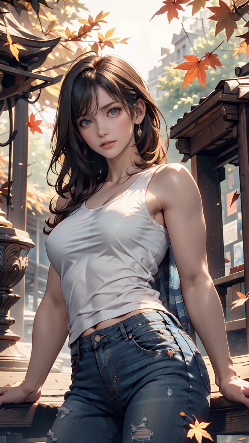 ((Mid-chest, Long Hair, Small Head)), Dawn, sunlight, (Defined Abs: 1.1), (Perfect body: 1.1), (Short Wavy Hair: 1.2), Auburn Hair, collar, Lock, Full body photo, Shabby Street, Wearing a black tank top, Low-rise denim jacket, ((Shorts)), (Highly detailed CG 8k wallpaper), (Very delicate and beautiful), (masterpiece), (Highest quality: 1.0), (Super Resolution: 1.0), Beautiful lighting, Perfect Lightning, Realistic Shadows, [High resolution], Detailed Skin, Super detailed、Setback Heel、24-year-old woman、Attractive Young Woman, (Beautiful Face:1.1)、smile